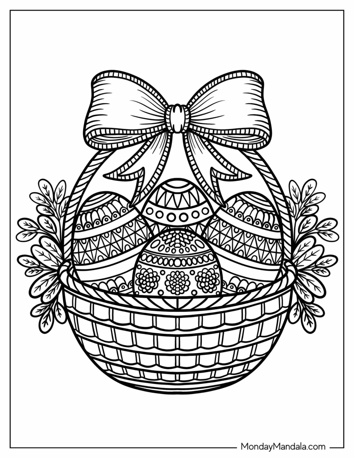 Easter Mandala Coloring Page of Basket with Patterned Eggs and Large Bow coloring page — printable line art