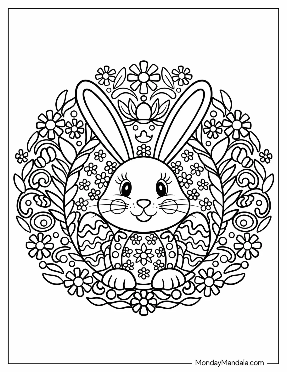 Easter Mandala Coloring Page of Bunny and Egg Wreath Mandala coloring page — printable line art