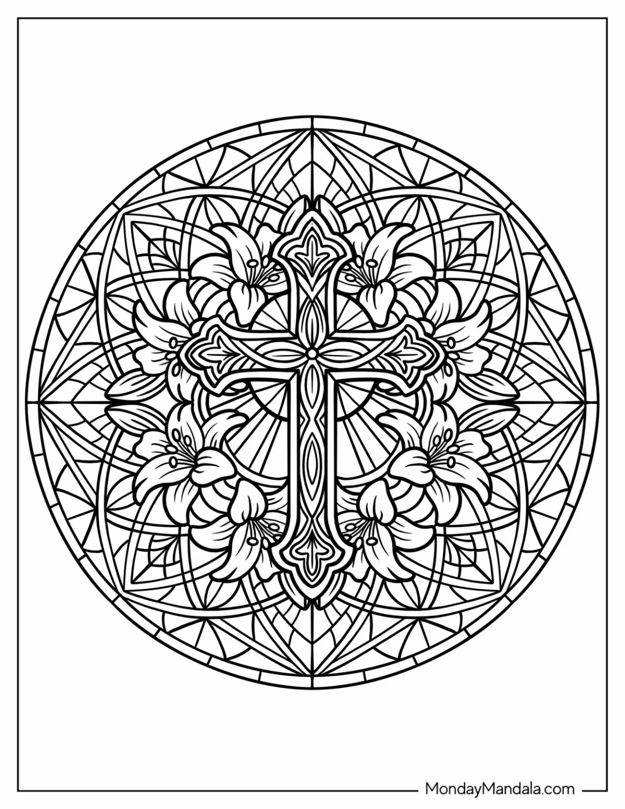 Easter Mandala Coloring Page of Cross Floral Mandala with Geometric Background coloring page — printable line art
