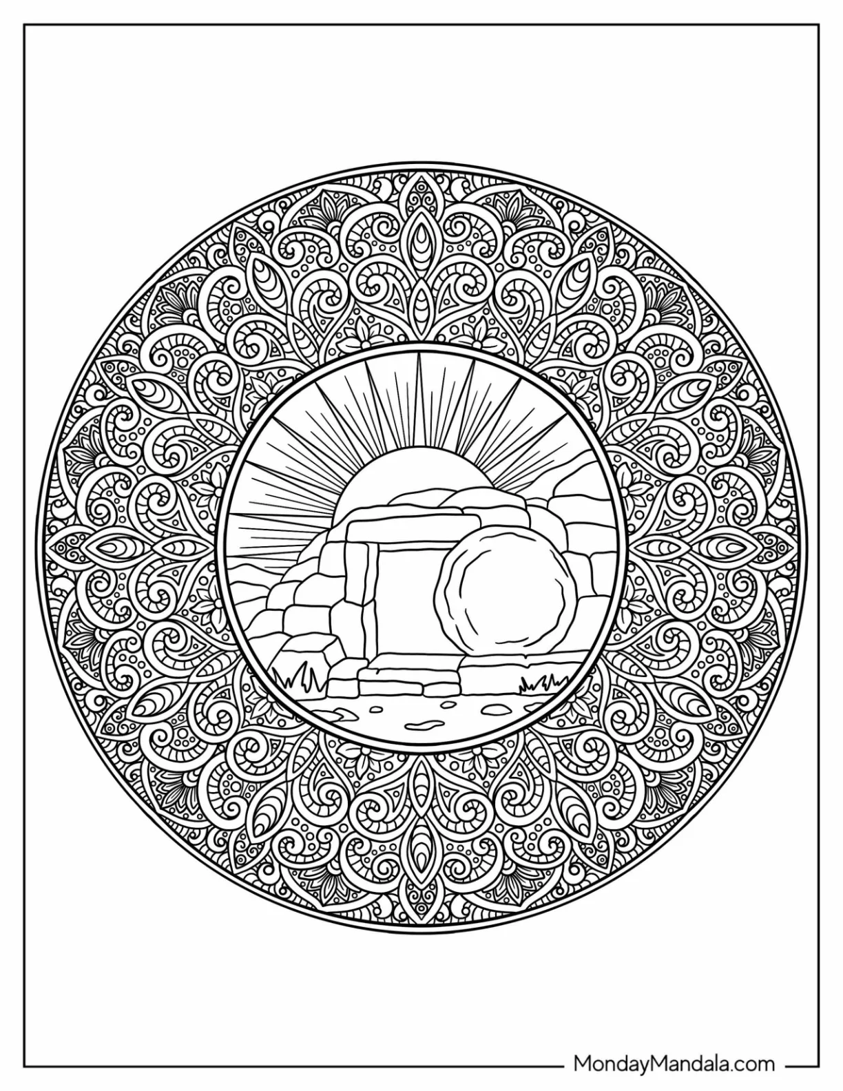 Easter Mandala Coloring Page of Detailed Mandala with Empty Tomb at the Center coloring page — printable line art