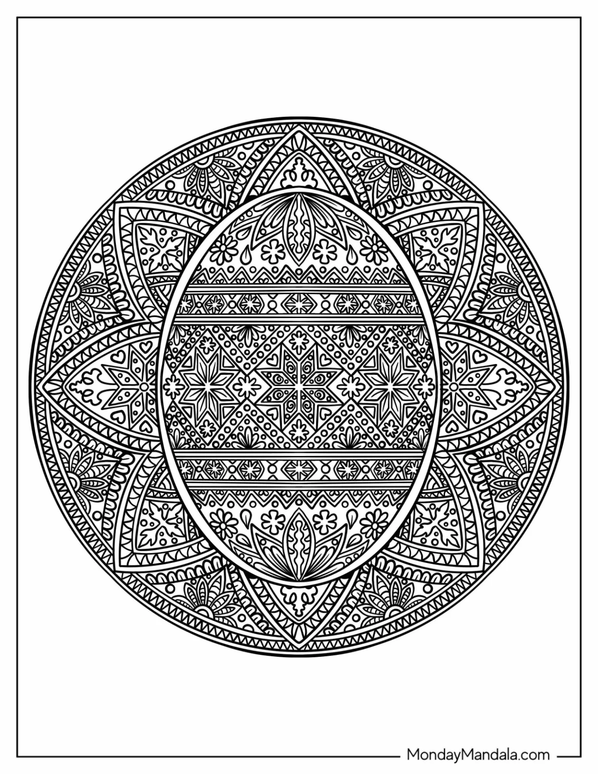 Easter Mandala Coloring Page of Egg Mandala with Geometric Floral Patterns coloring page