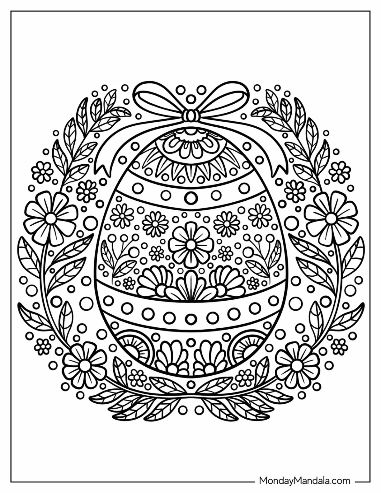 Easter Mandala Coloring Page of Egg with Mandala, Bow, and Wreath coloring page
