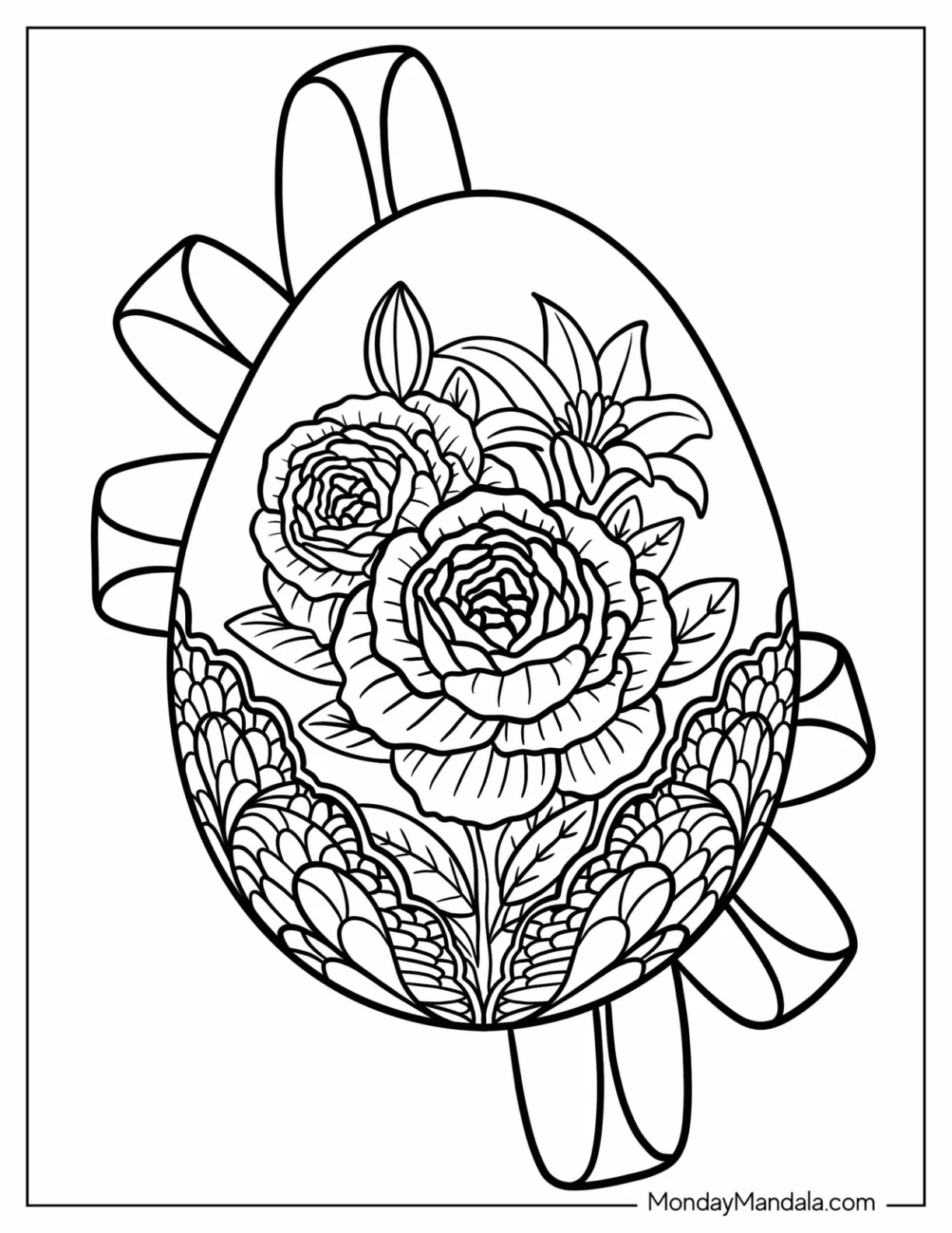 Easter Mandala Coloring Page of Floral Rose Egg with Ribbon coloring page