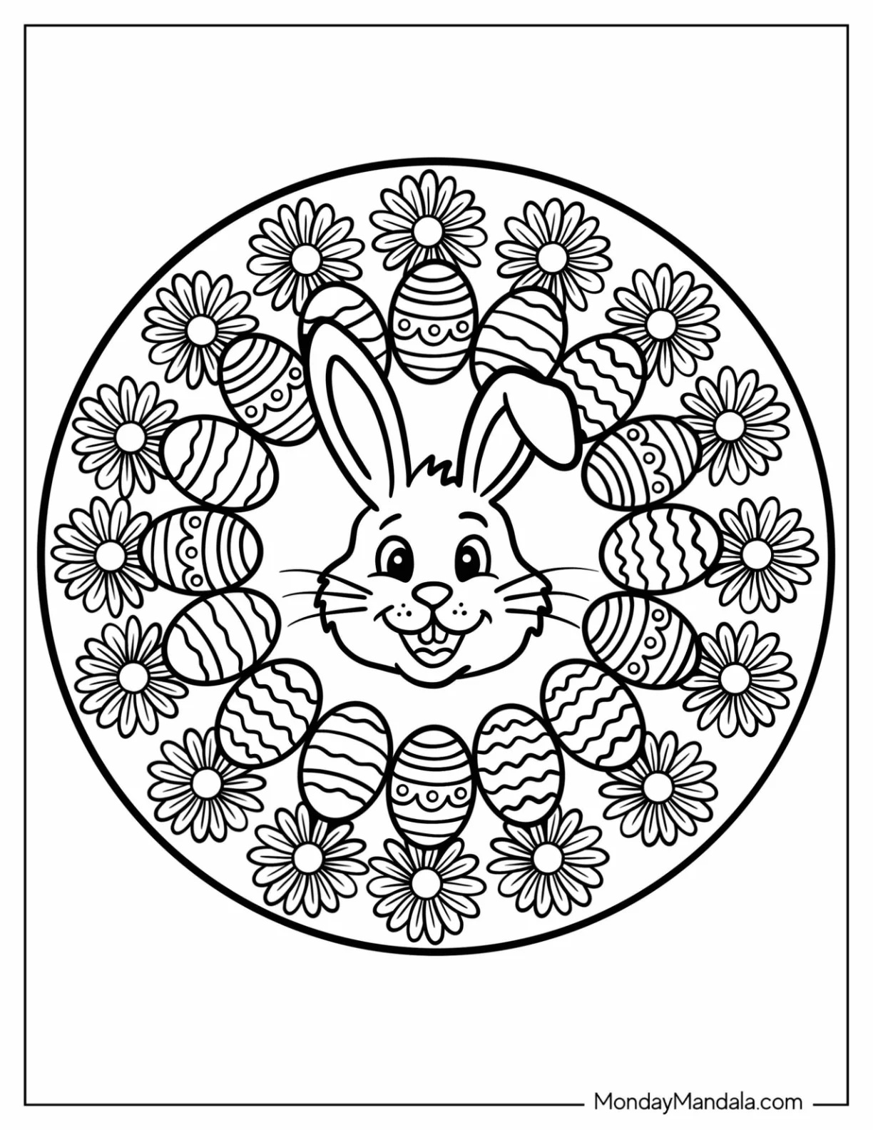 Easter Mandala Coloring Page of Mandala with Bunny, Eggs, and Flowers for Kids coloring page
