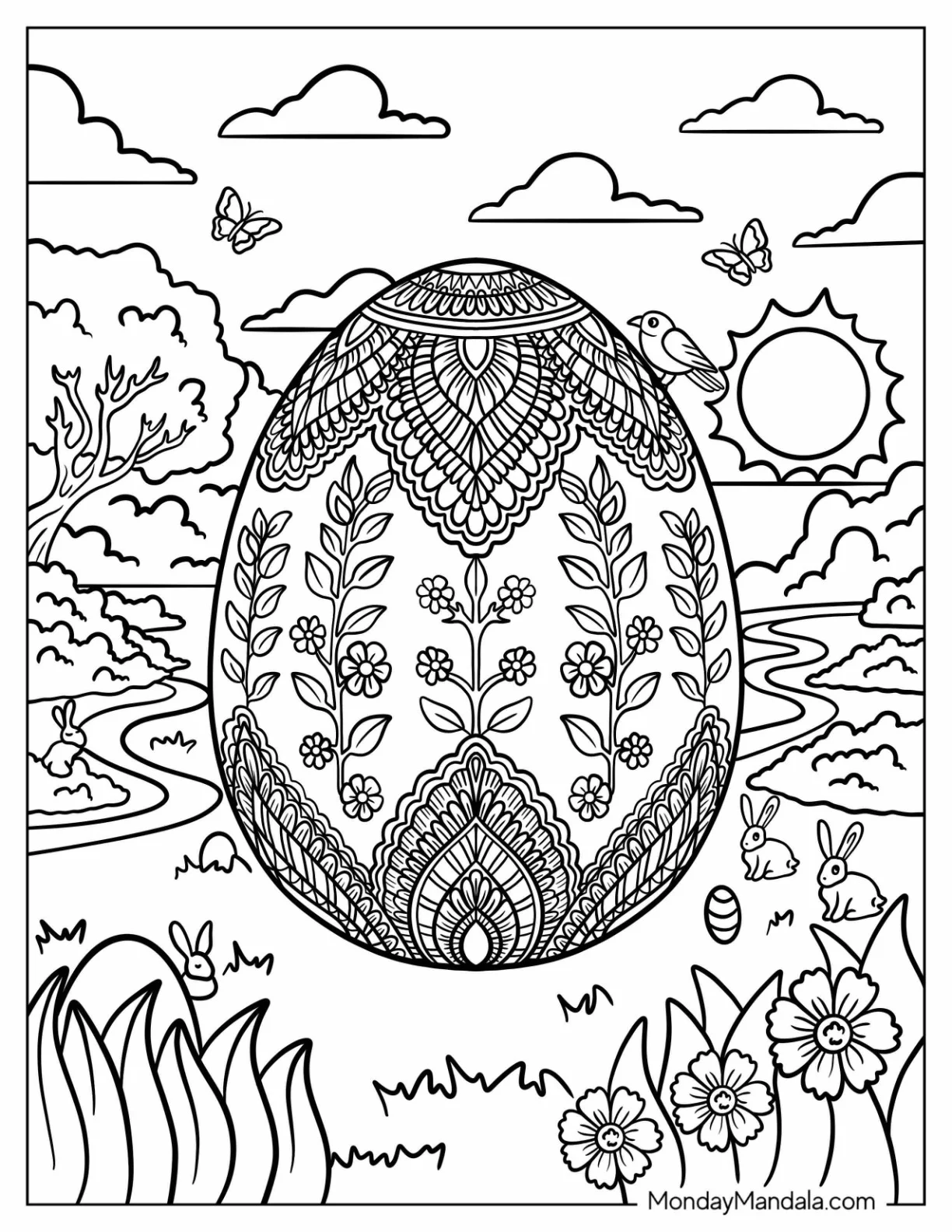 Easter Mandala Coloring Page of Ornate Easter Egg in Spring Meadow coloring page