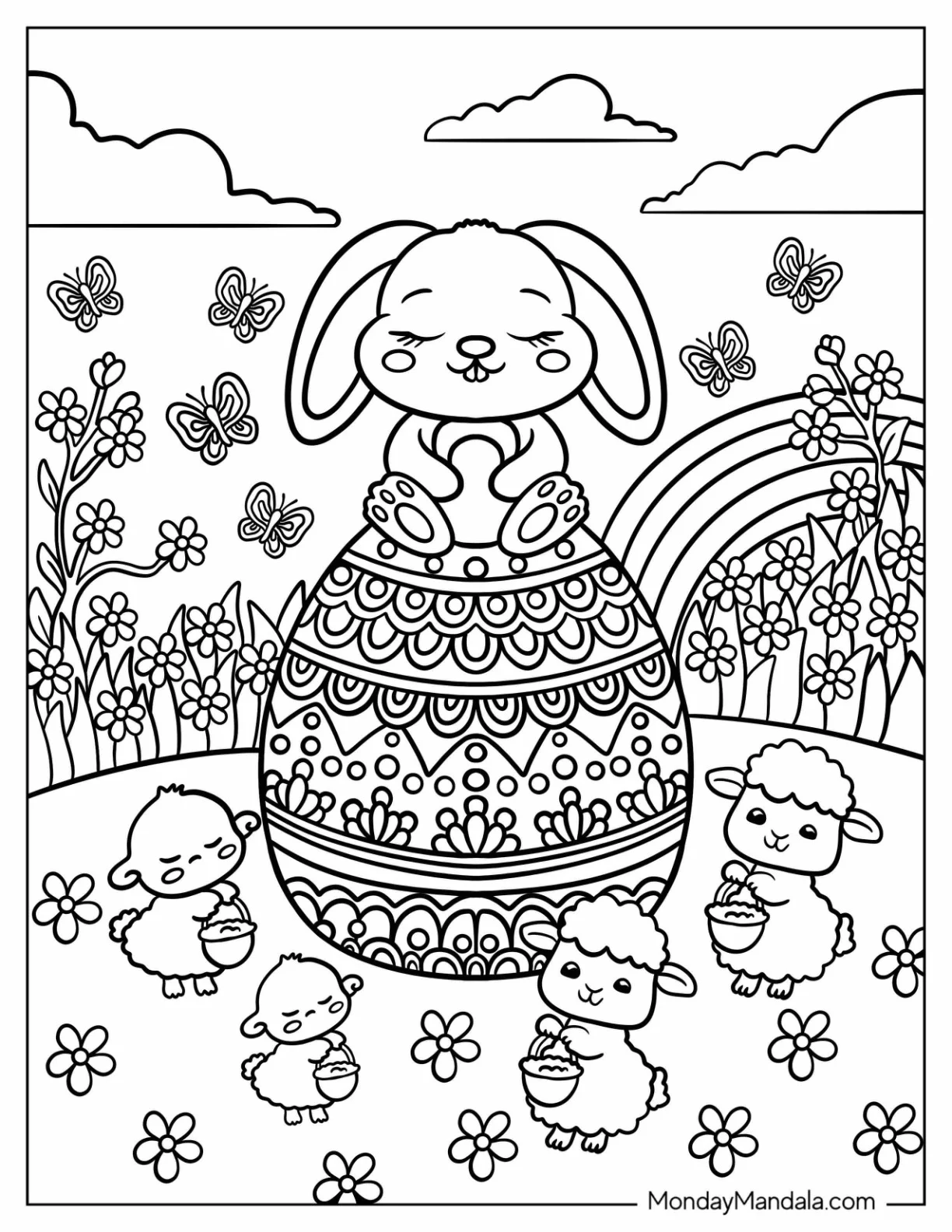 Easter Mandala Coloring Page of Spring Bunny Sitting on Easter Egg for Kids coloring page