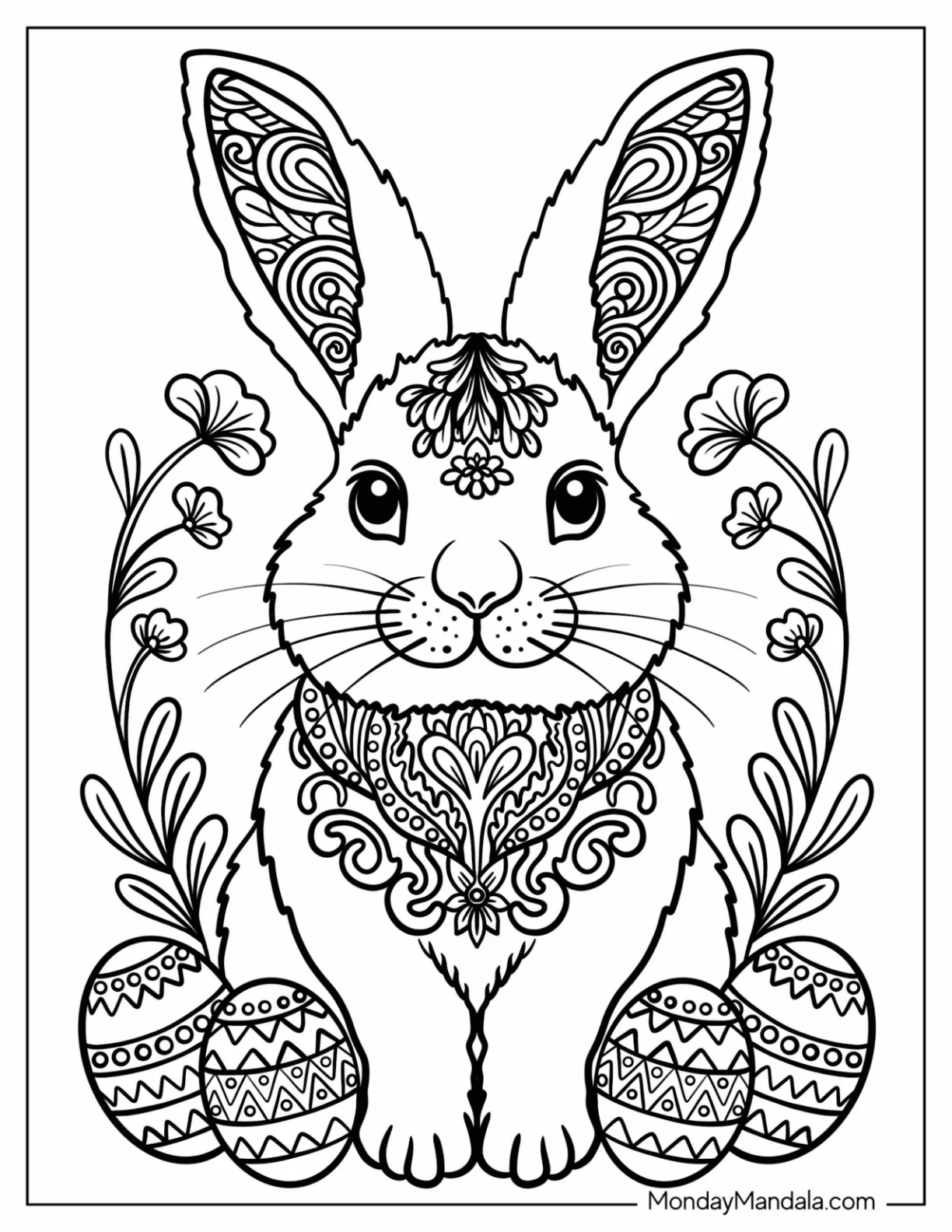 Easter Mandala Coloring Page of Spring Bunny with Mandala Ears and Easter Eggs for Kids coloring page