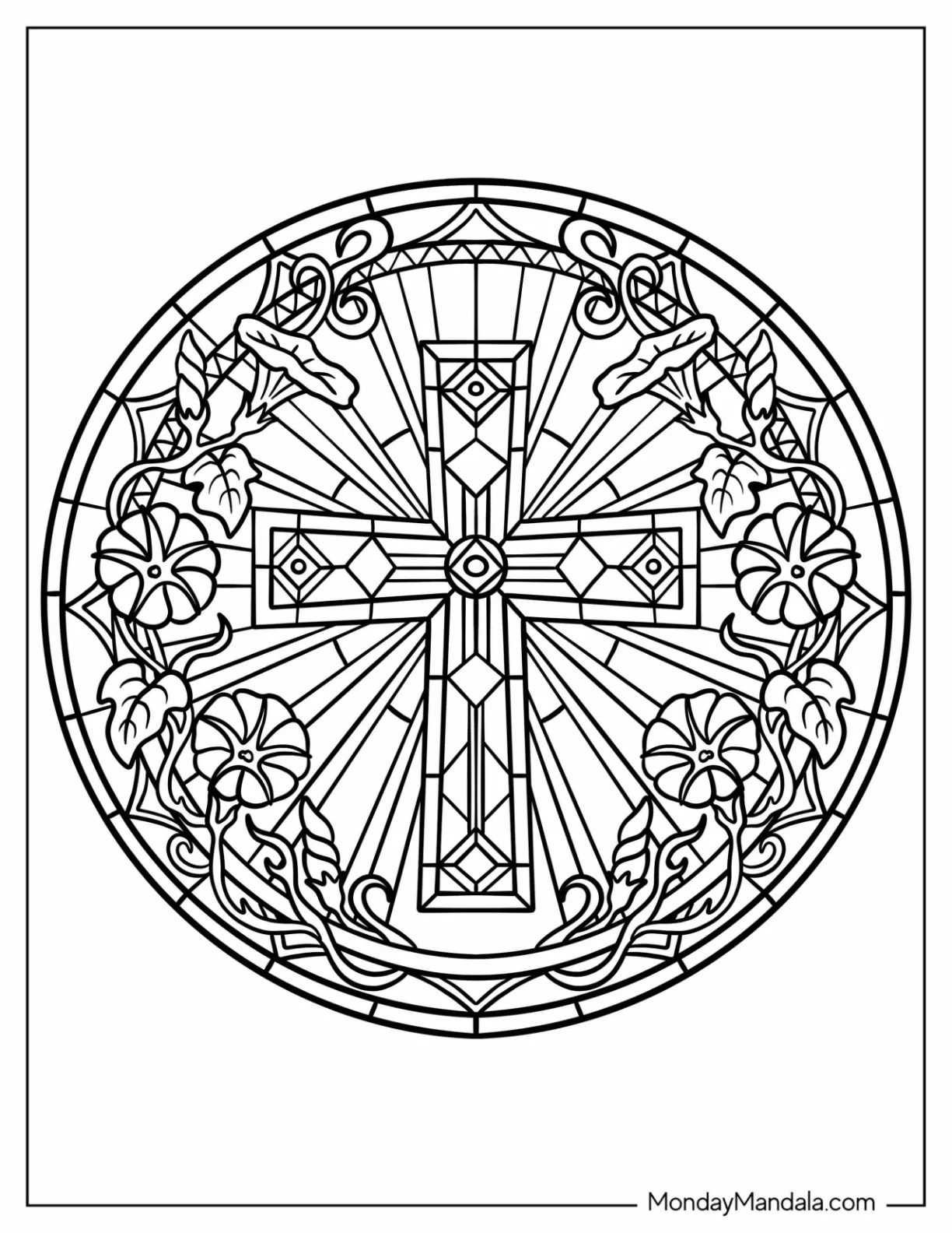 Stained Glass Easter Mandala Coloring Page of Cross Mandala with Floral Vines coloring page