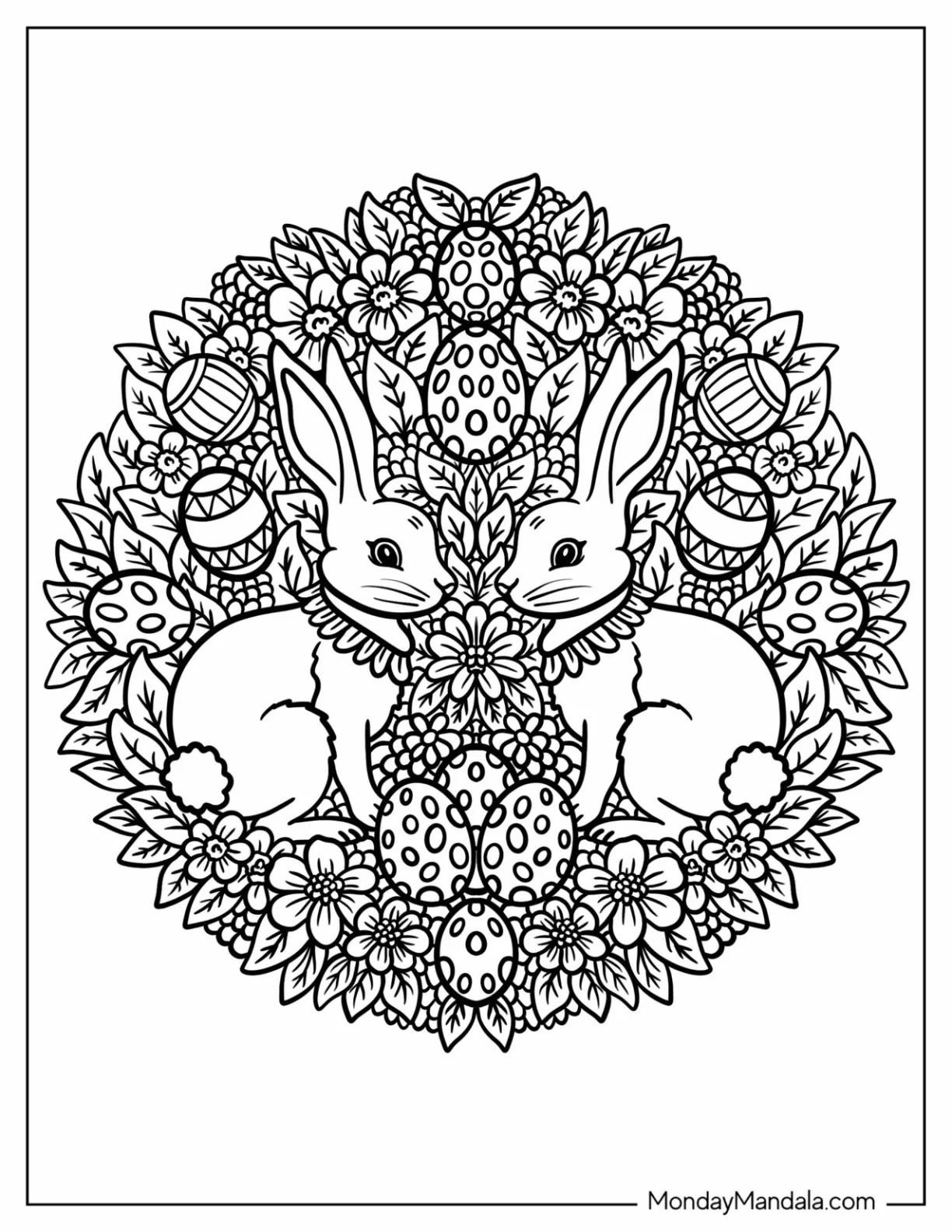 Symmetrical Easter Mandala Coloring Page of Bunny and Egg Floral Mandala coloring page