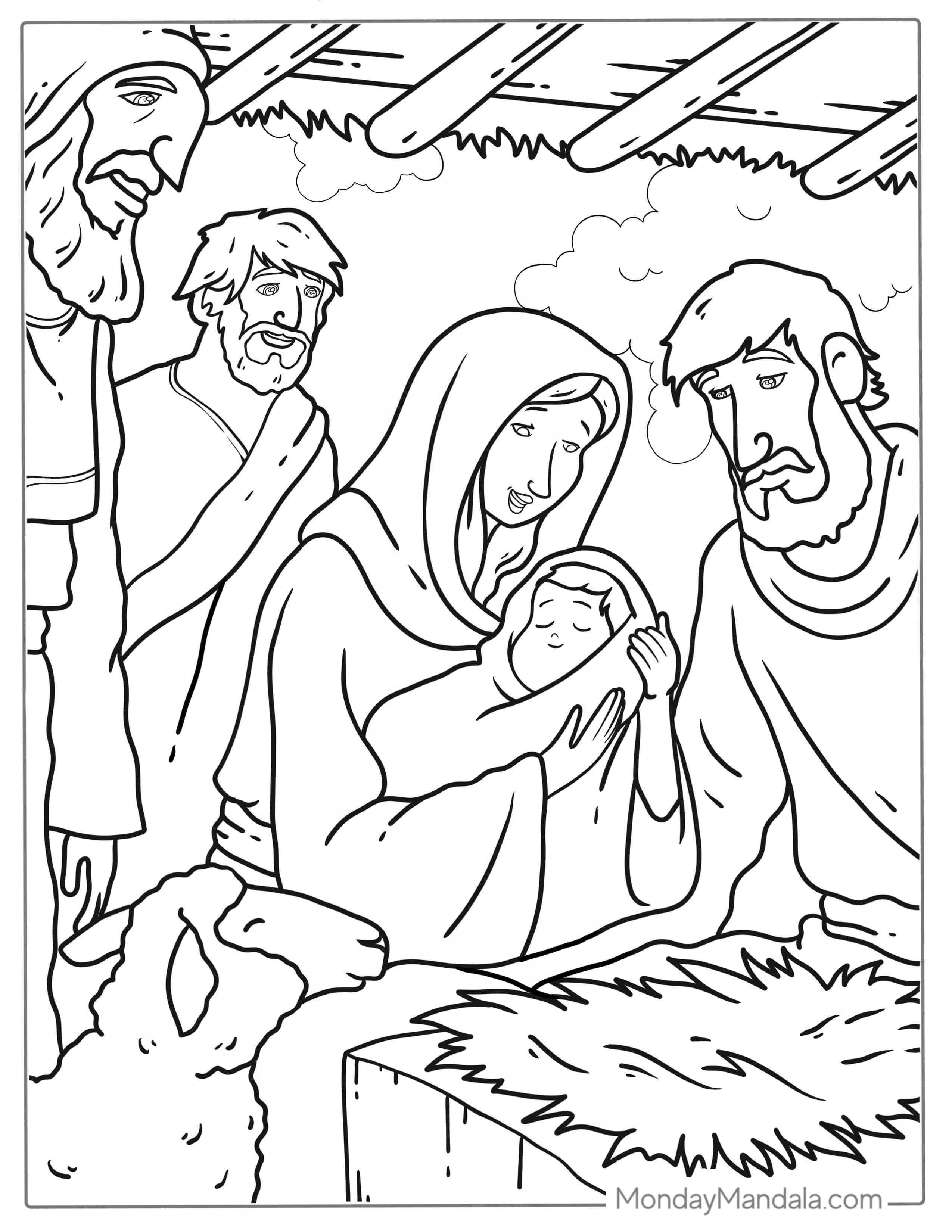 Baby Jesus With Virgin Mary And Three Kings coloring page — printable line art