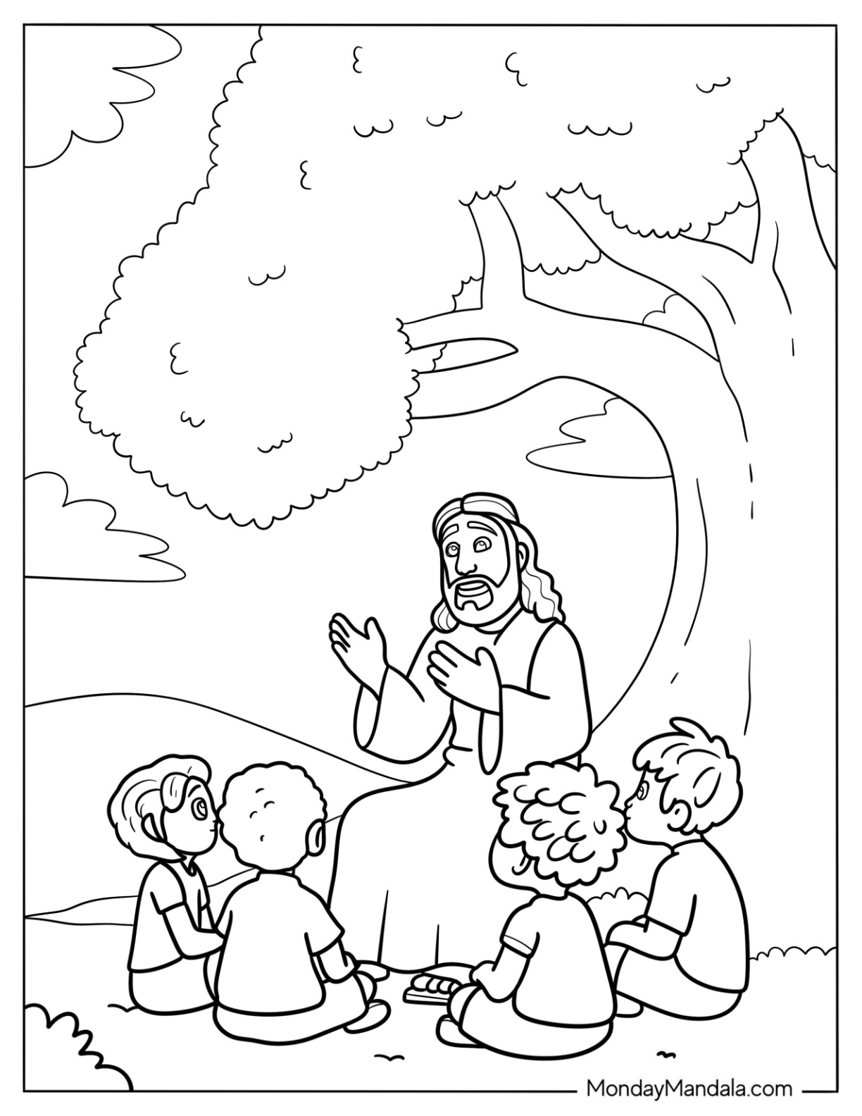 Cartoon Jesus Coloring Page Teaching Children Under The Tree For Kids coloring page — printable line art