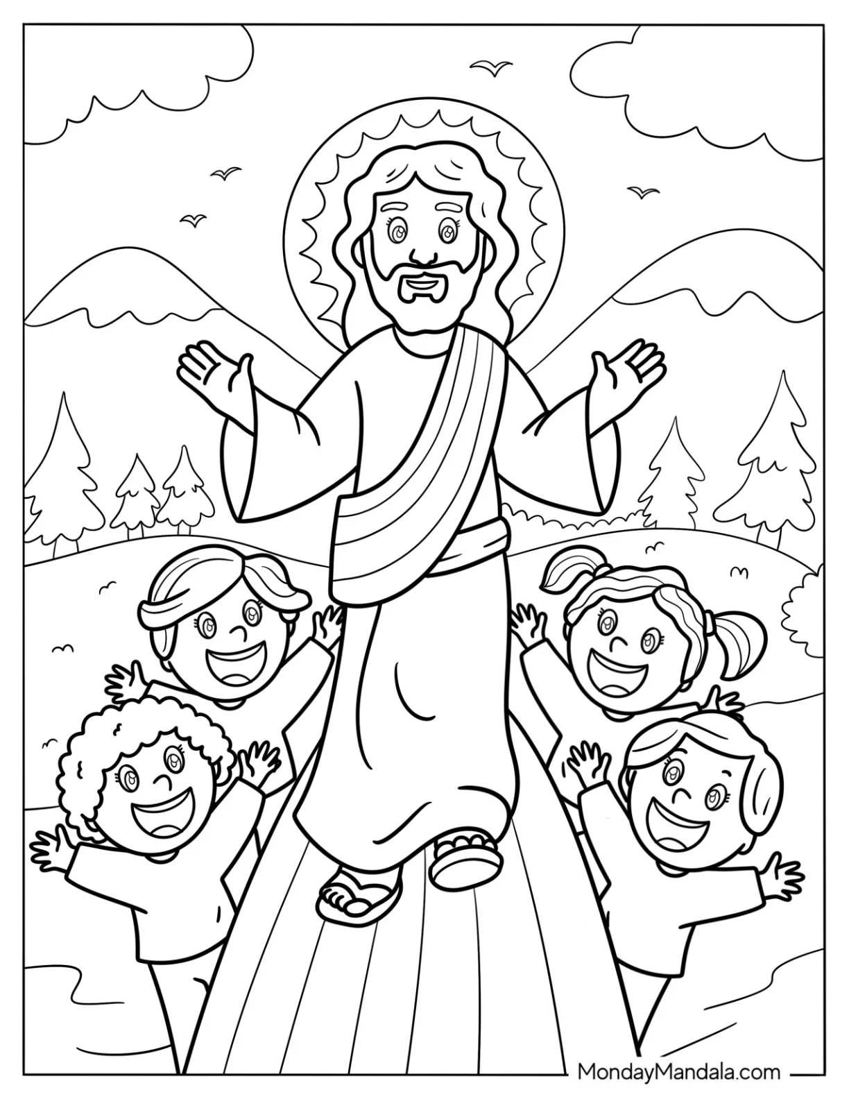 Cute Children Rejoicing Around Jesus Coloring Page coloring page
