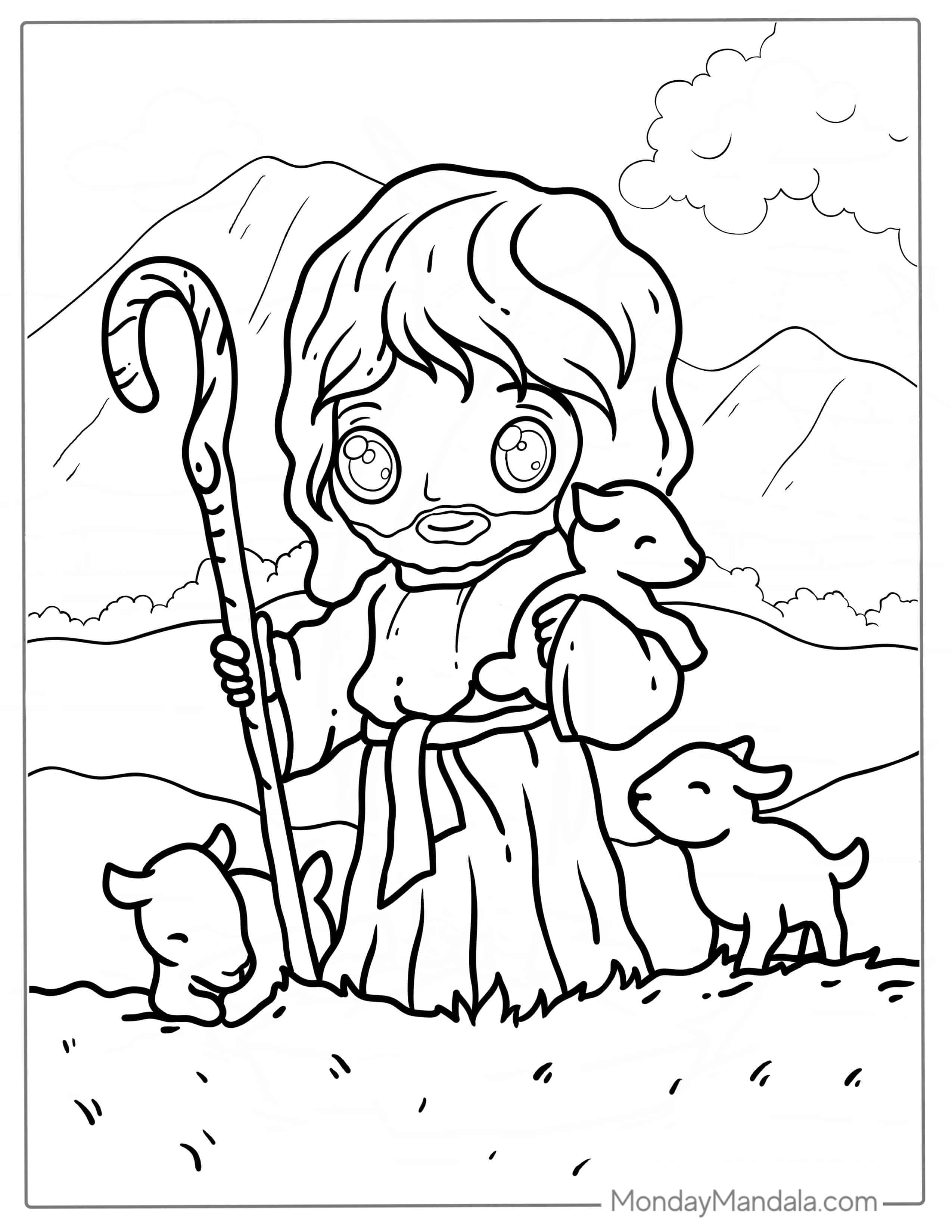Easy Cute Cartoon Jesus With Lambs Coloring In coloring page
