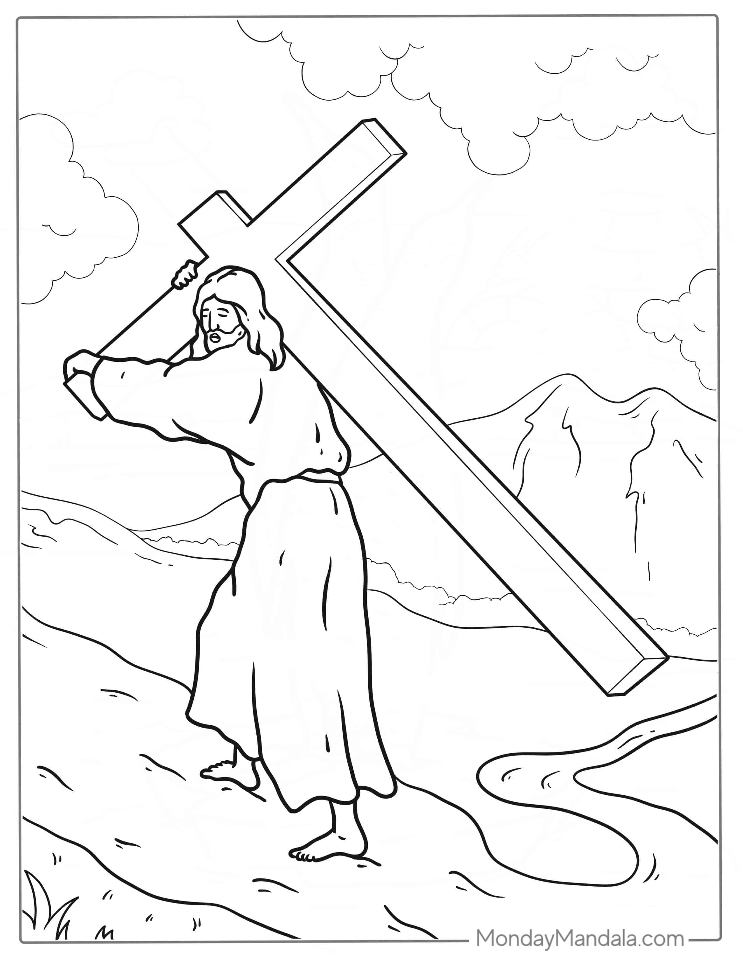 Jesus Christ Carrying Cross coloring page — printable line art