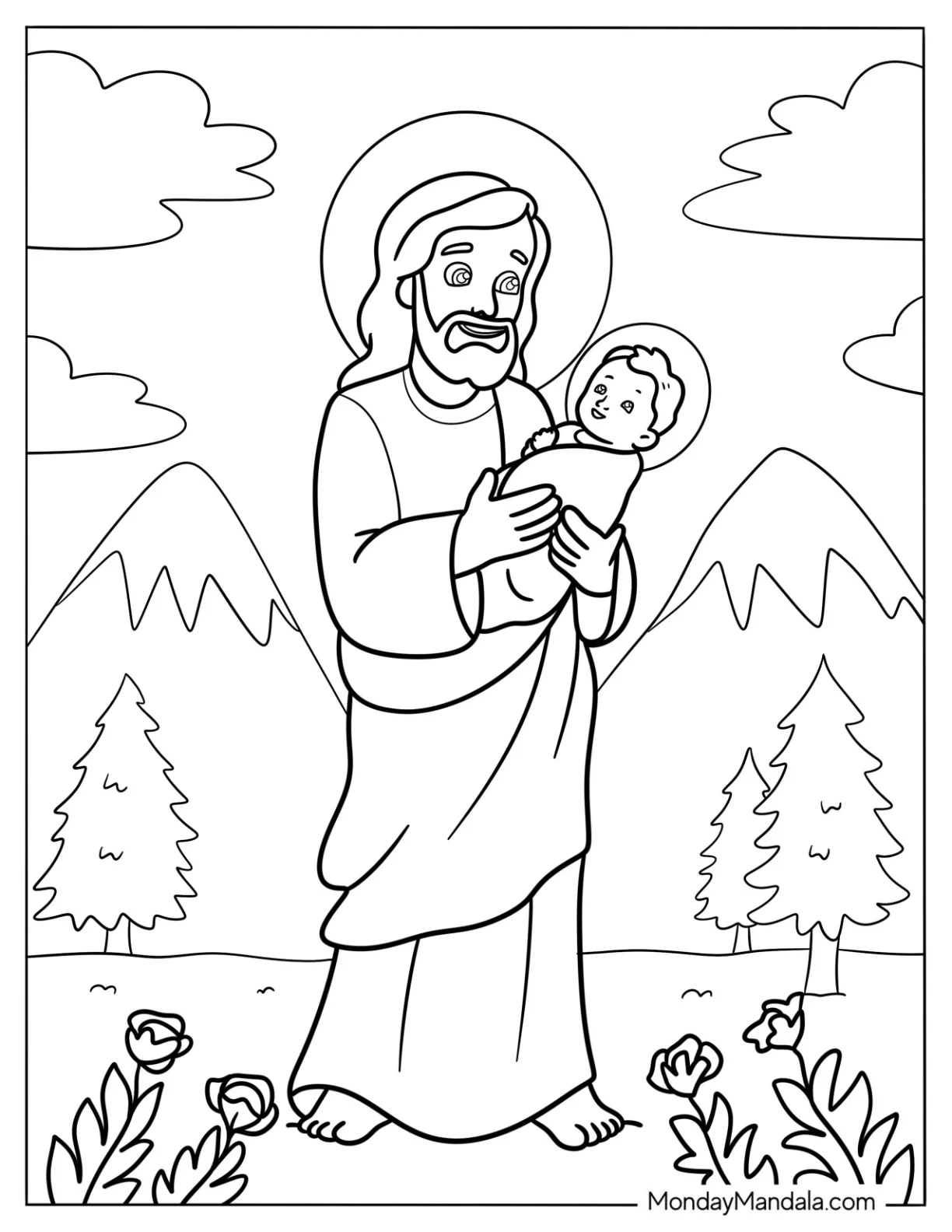 Jesus Coloring Page Cradling A Newborn Baby For Kids coloring page — printable line art