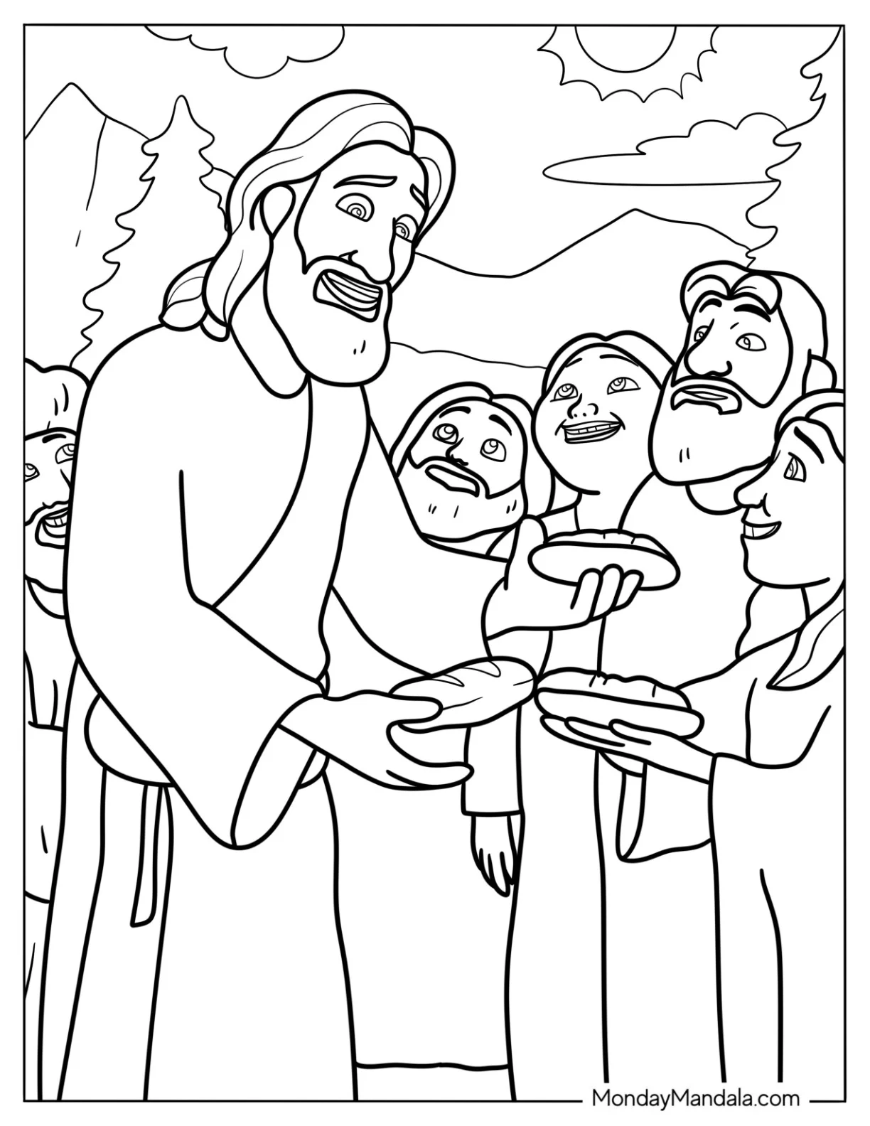 Jesus Coloring Page Distributing Food To His Followers coloring page — printable line art