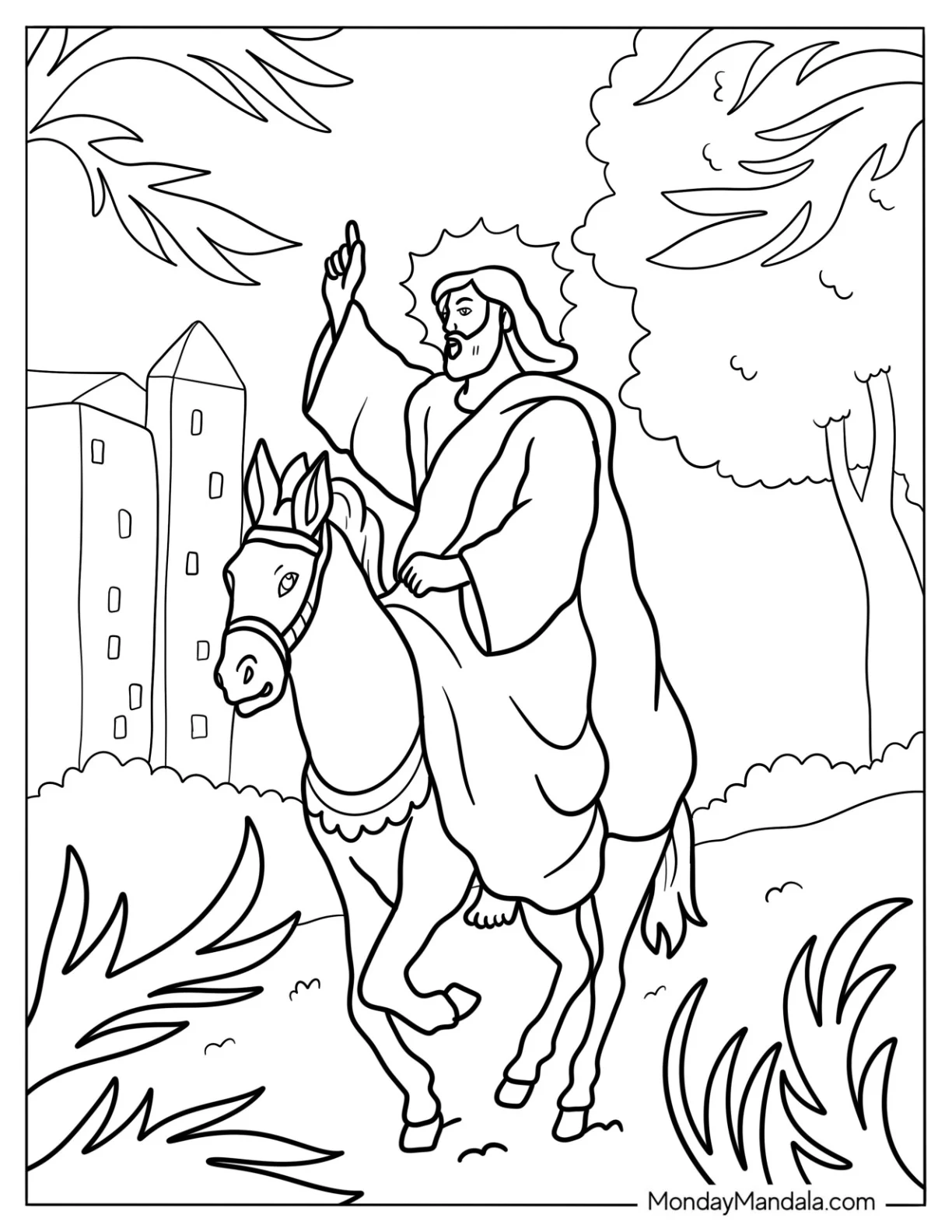 Jesus Coloring Page Riding A Donkey On Palm Sunday coloring page — printable line art