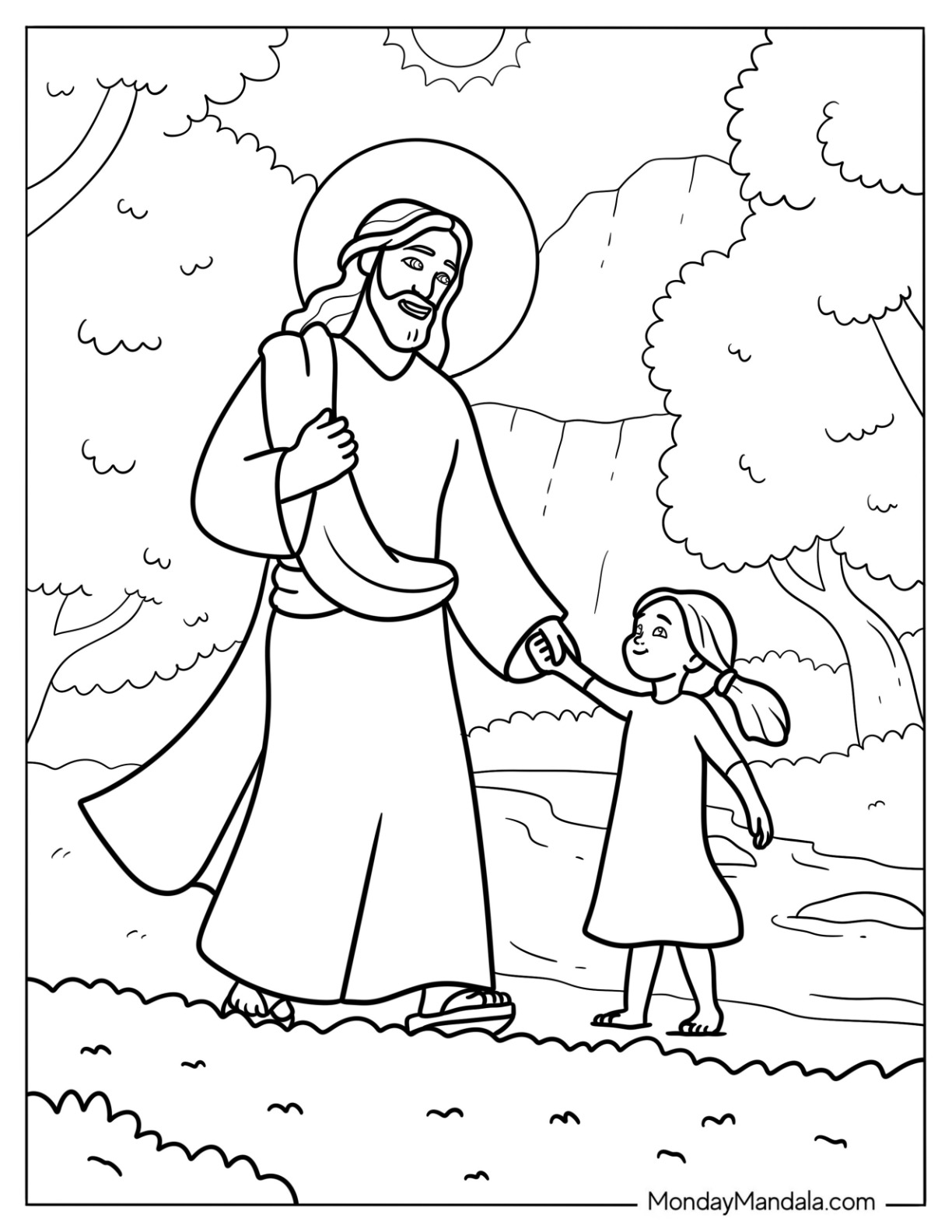 Jesus Coloring Page Walking With A Little Girl In Paradise coloring page — printable line art
