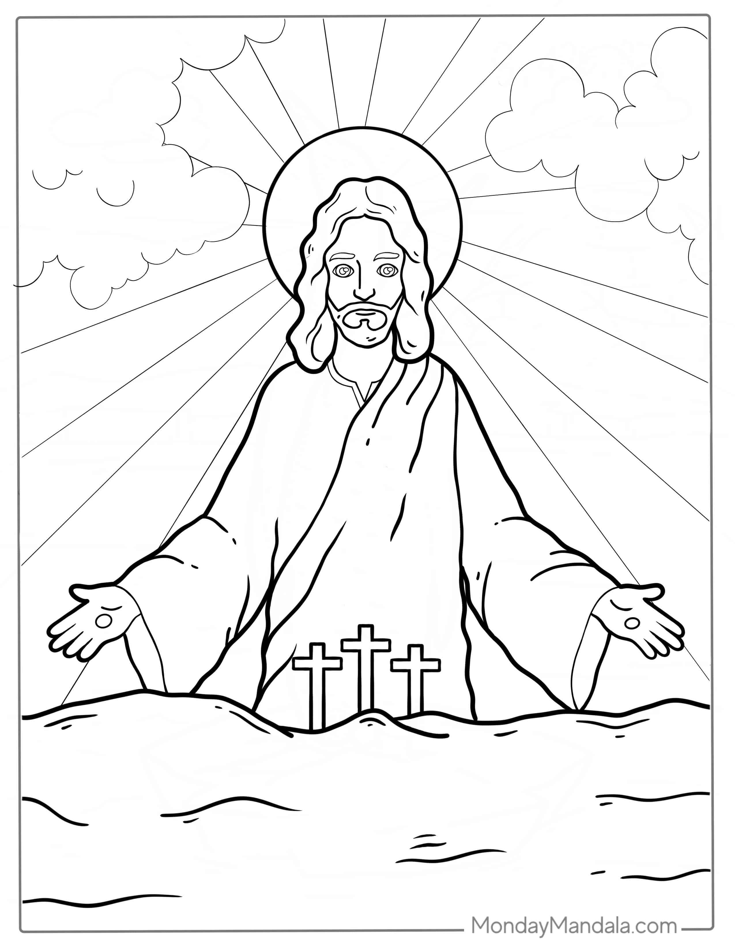 Simple Outline Of Jesus With Calvary Crosses Coloring coloring page