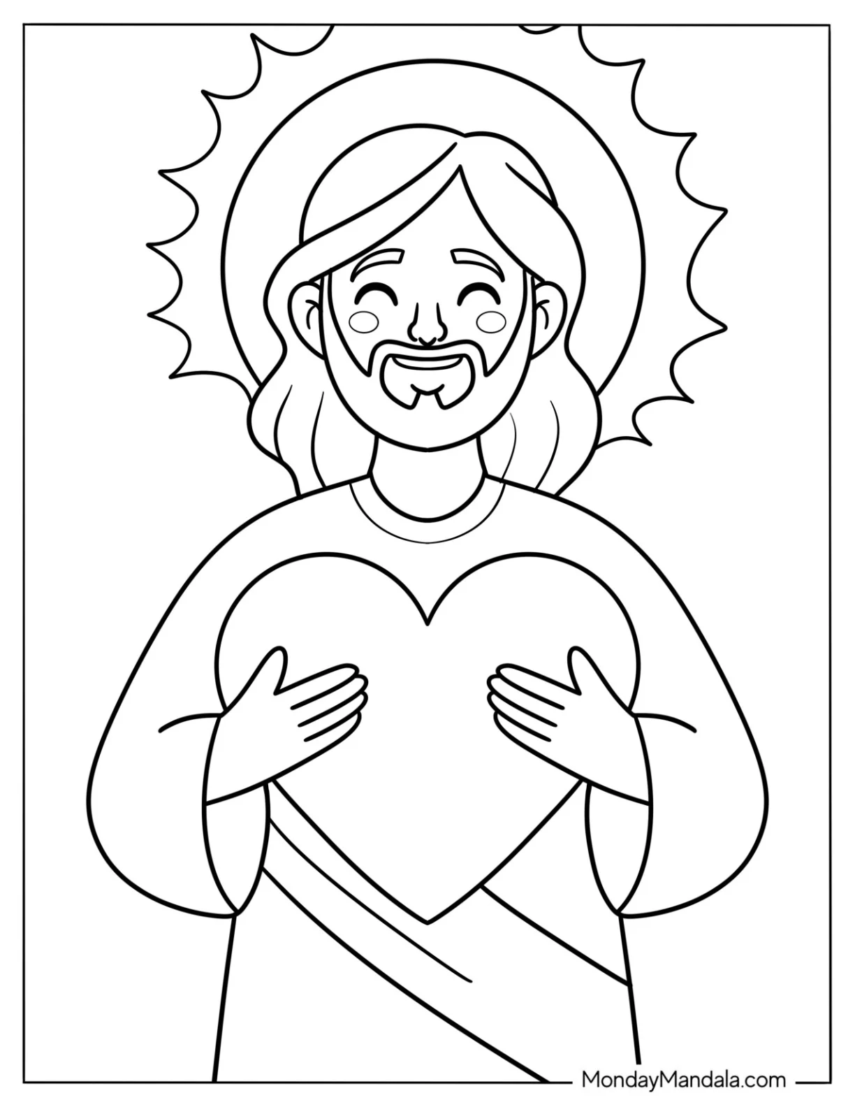 Smiling Jesus Coloring Pages With A Halo Holding A Love Heart For Preschoolers coloring page
