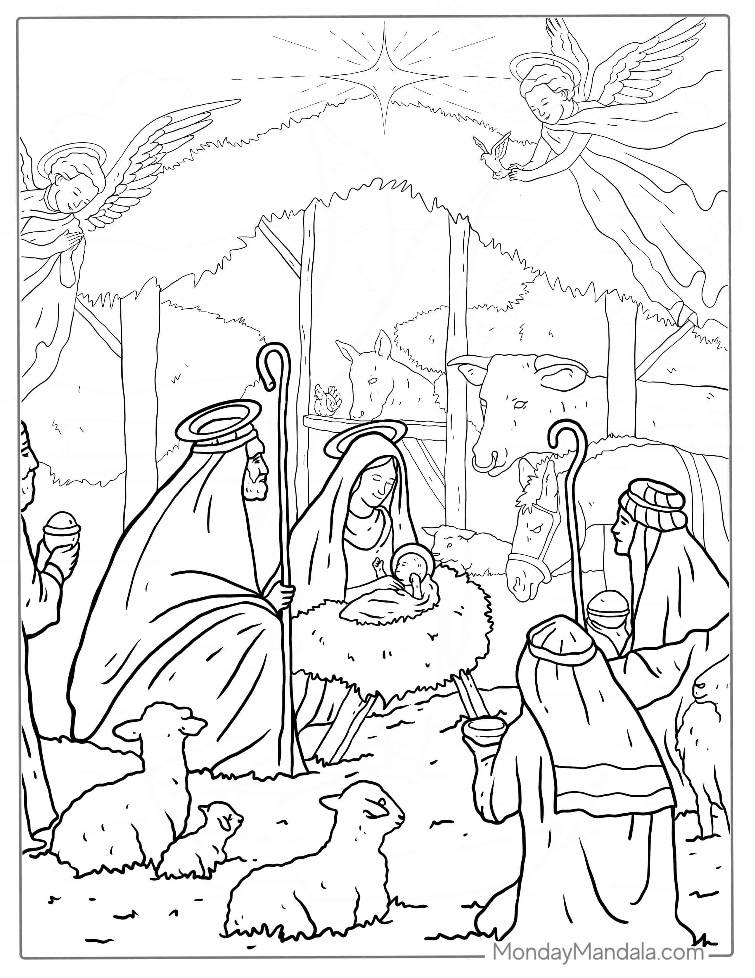 Virgin Mary With Jesus And Three Kings Coloring coloring page