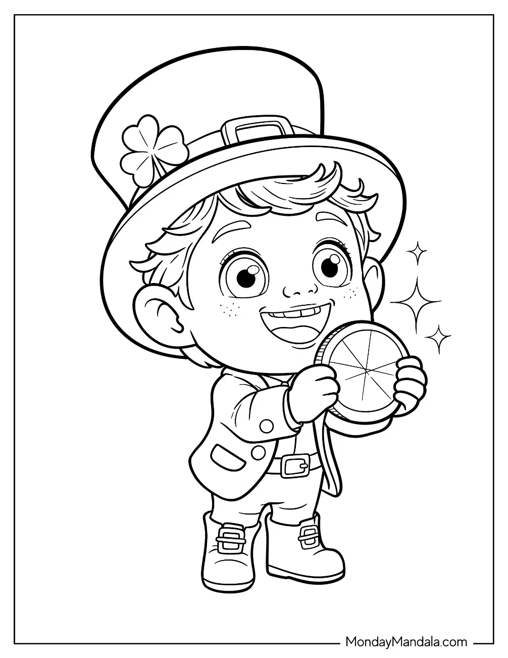 Baby Leprechaun Coloring Page Holding A Gold Coin for Kids coloring page