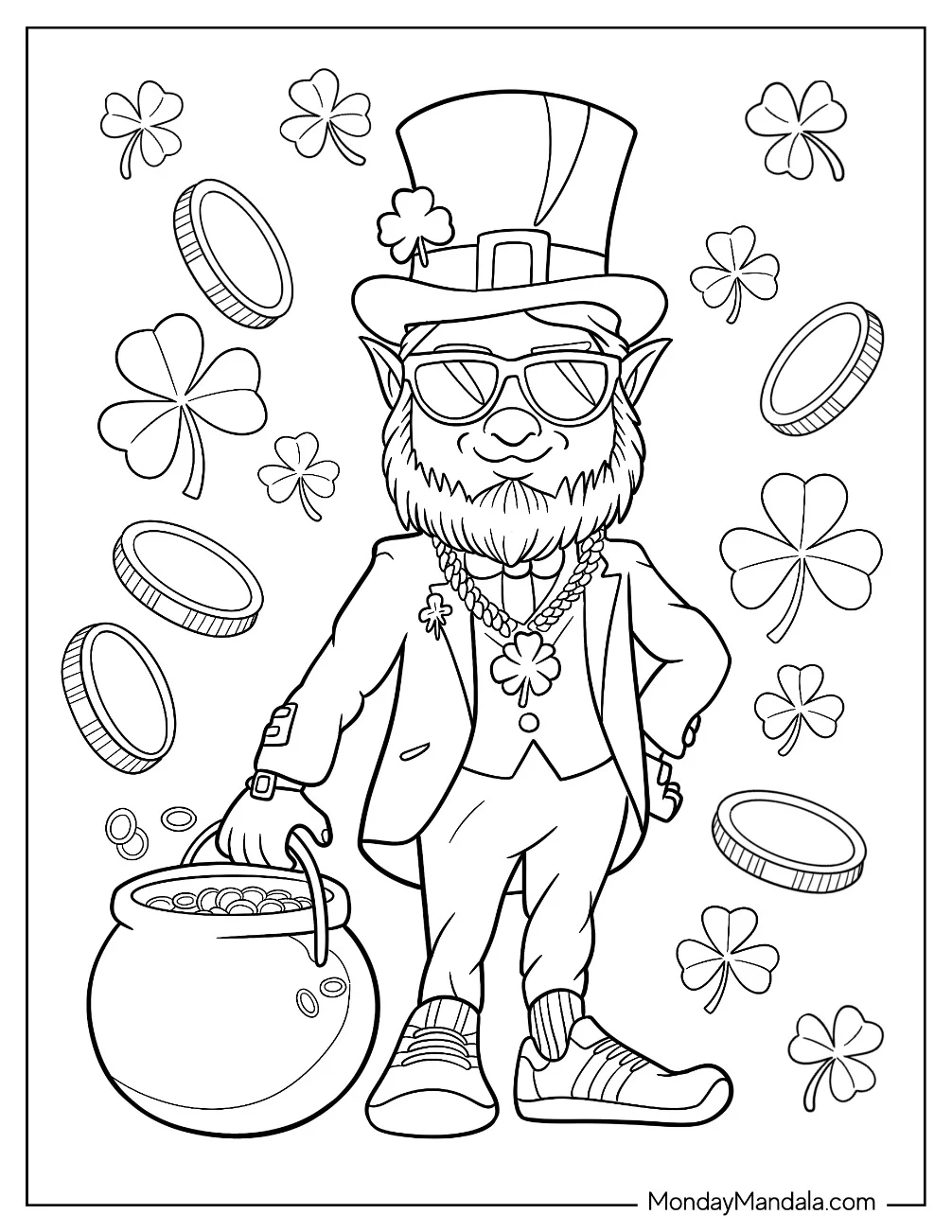 Cool Leprechaun Coloring Page With Sunglasses And Pot Of Gold coloring page