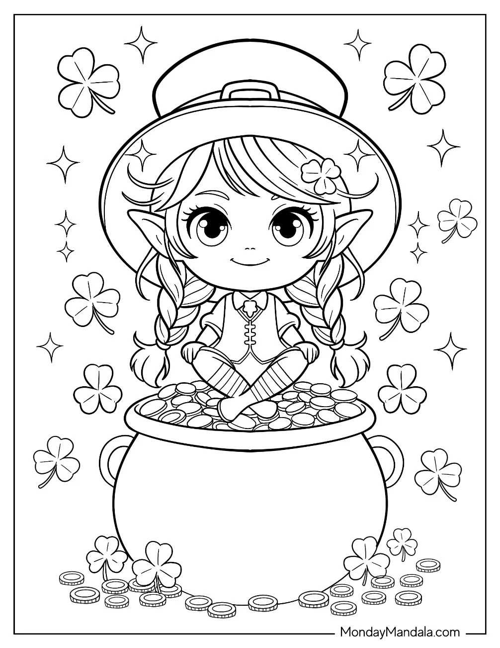 Cute Girl Leprechaun Coloring Page Sitting On Pot Of Gold coloring page