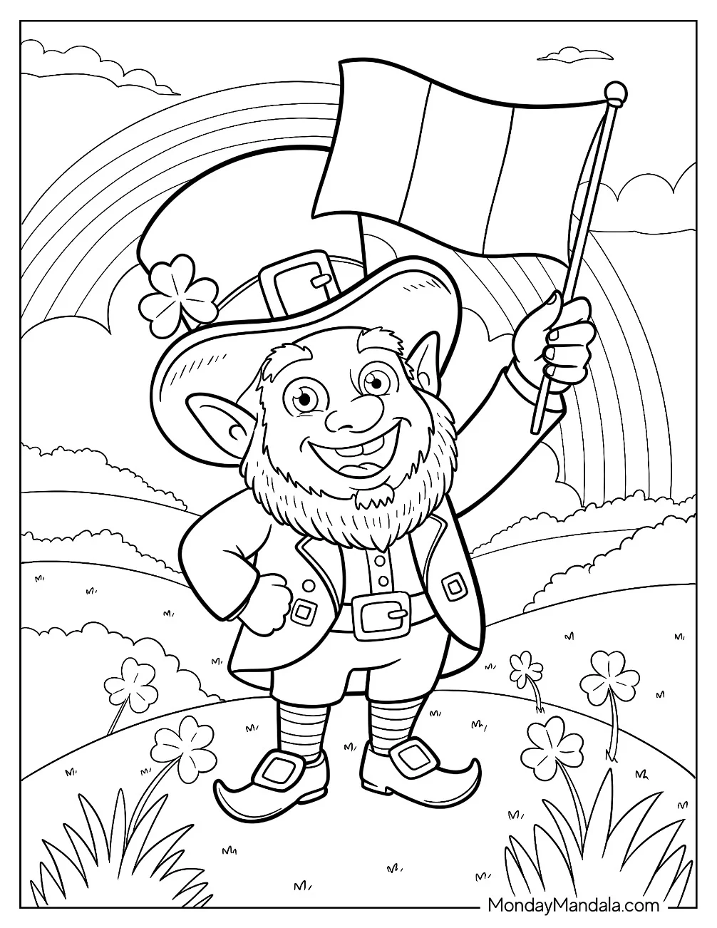 Friendly Leprechaun Coloring Page Waving the Irish Flag coloring page — printable line art