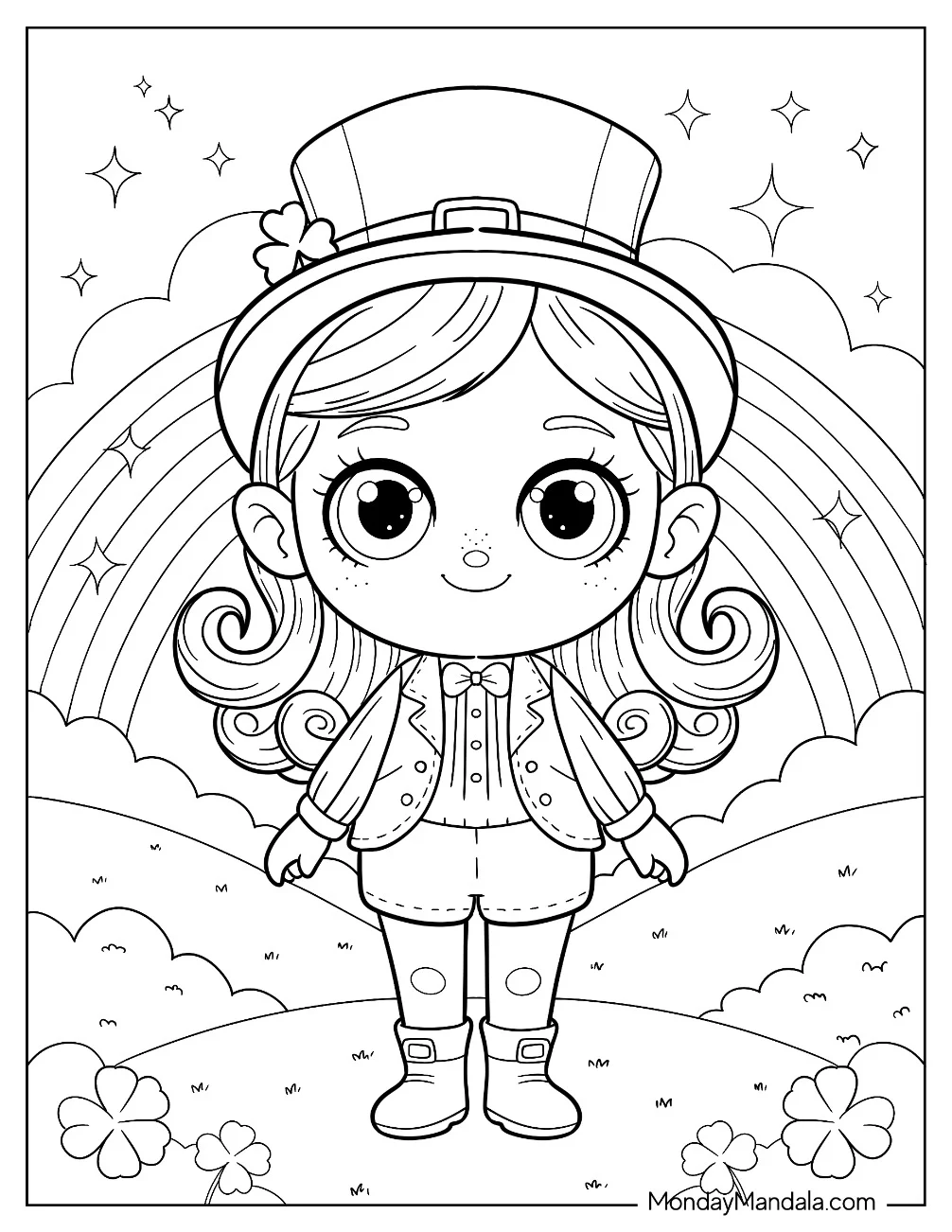 Girl Leprechaun Coloring Page in Front of Rainbow for Kids coloring page — printable line art