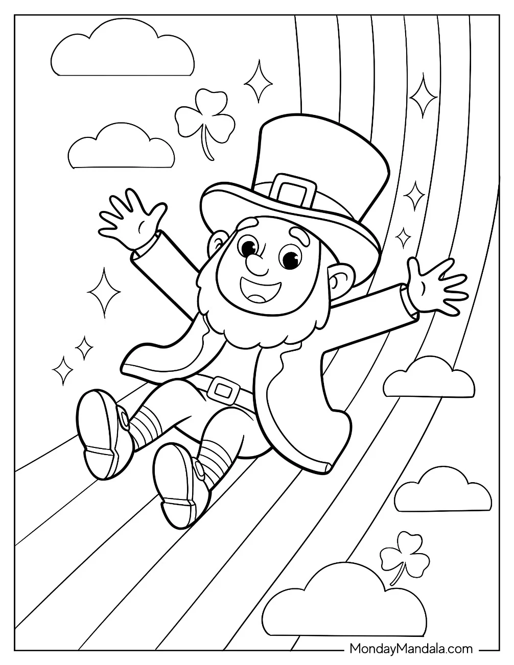 Happy Leprechaun Coloring Page Sliding Down a Rainbow for Kids coloring page — printable line art