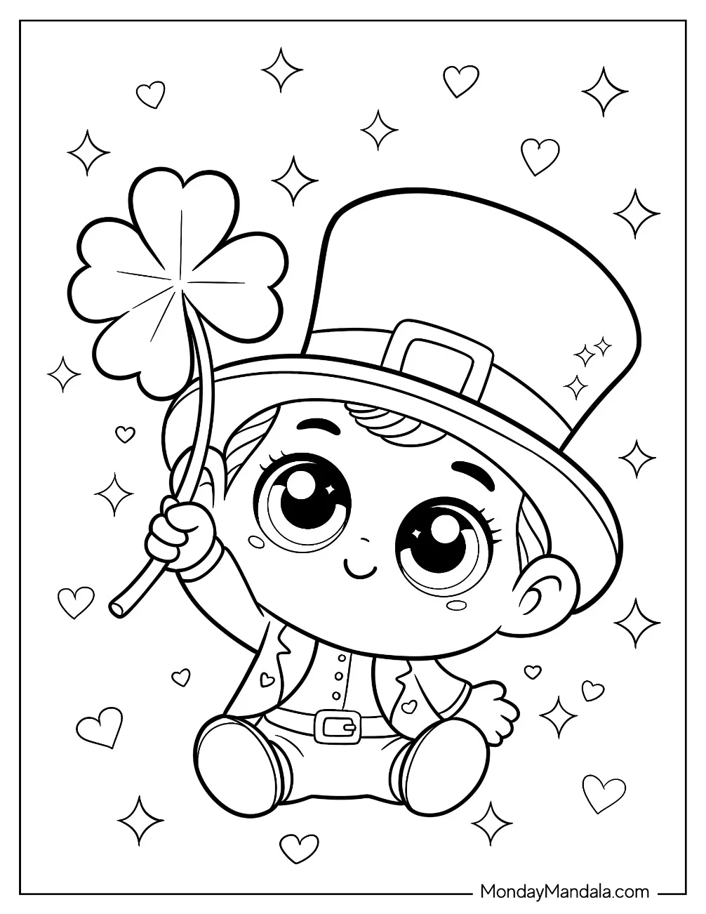 Kawaii Leprechaun Coloring Page Holding Up A Shamrock for Preschoolers coloring page — printable line art