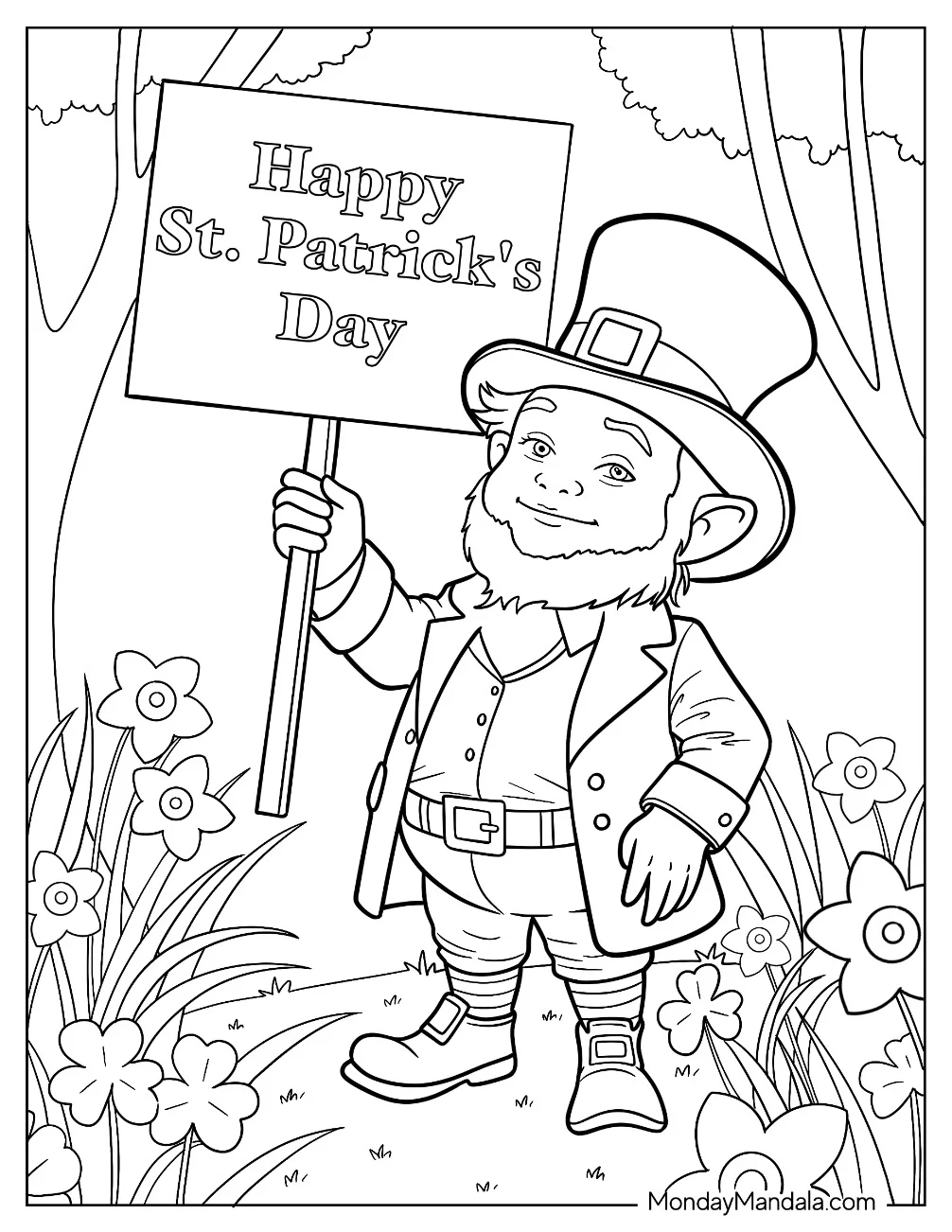 Leprechaun Coloring Page Holding Happy St. Patrick s Day Sign coloring page — printable line art