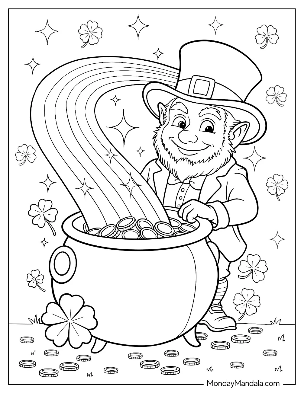 Leprechaun Coloring Page Holding Pot Of Gold At The End Of A Rainbow coloring page — printable line art