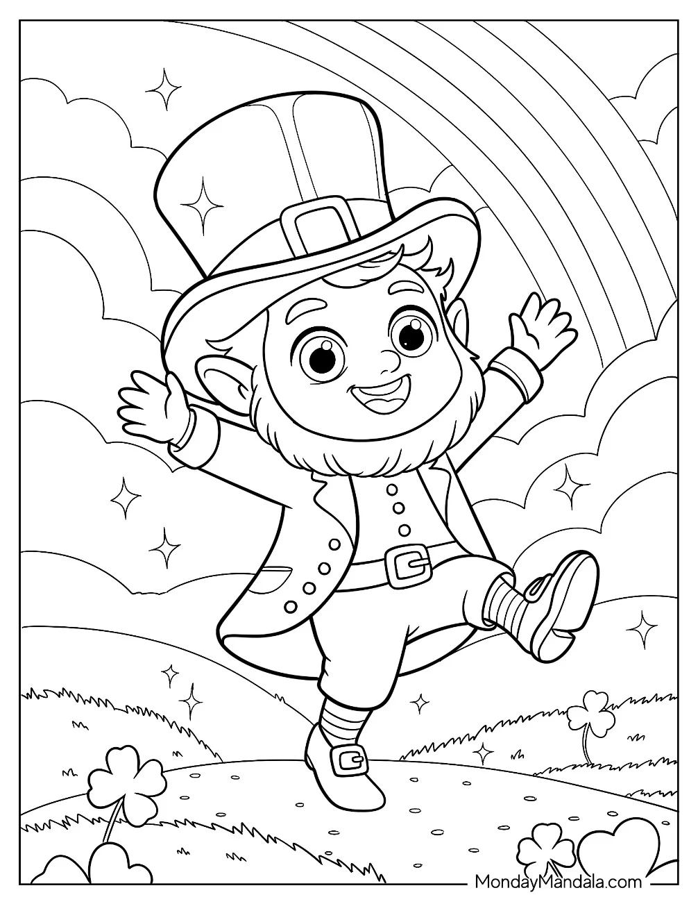 Leprechaun Coloring Page Skipping In A Clover Field coloring page