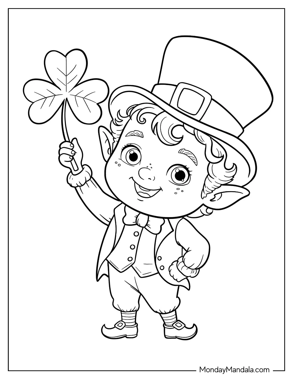 Little Leprechaun Coloring Page Holding Up A Three Leaf Clover for Preschoolers coloring page