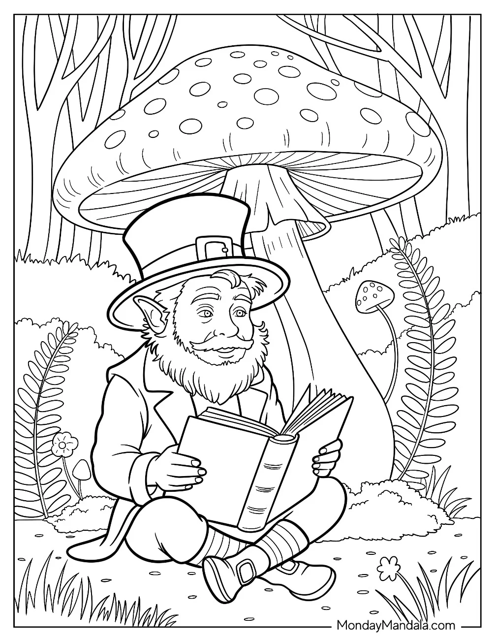 Nerdy Leprechaun Coloring Page Reading Under A Mushroom coloring page