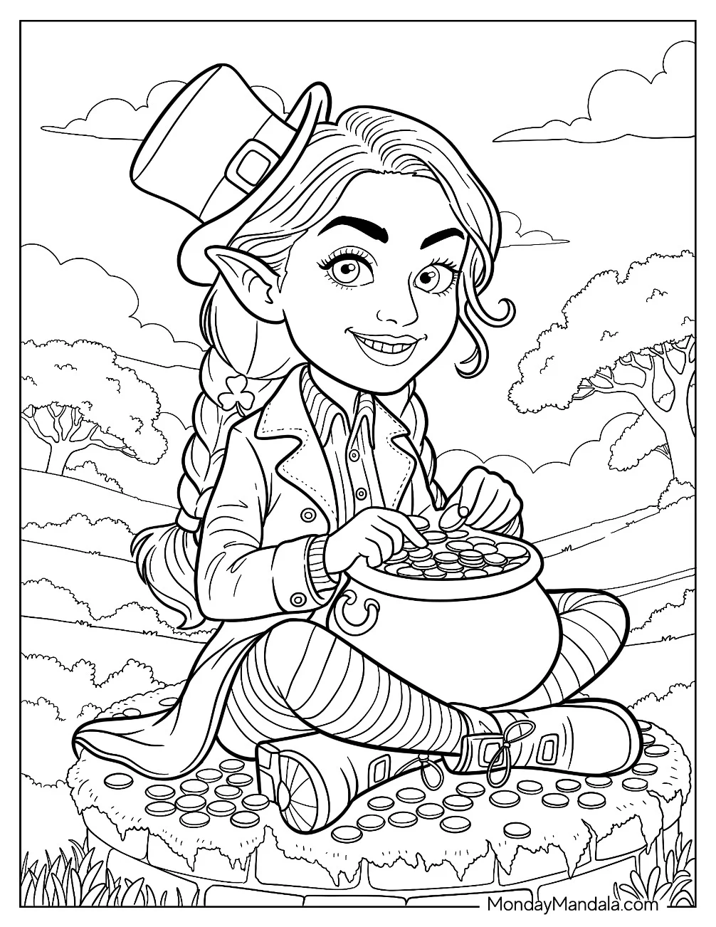 Pretty Leprechaun Coloring Page Counting Gold Coins coloring page