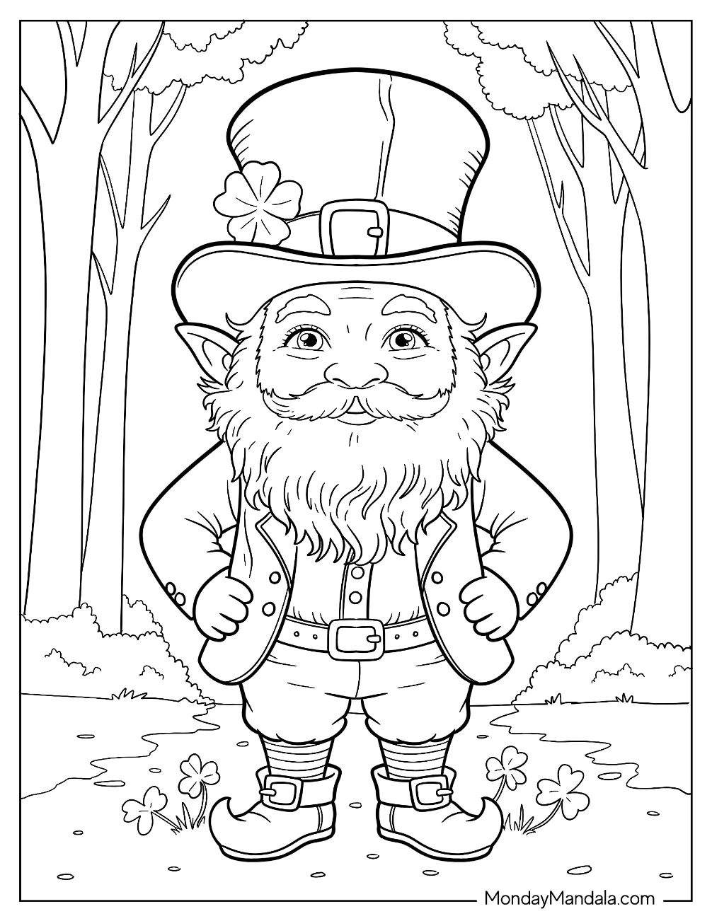 Smiling Leprechaun Coloring Page Standing In The Forest coloring page — printable line art