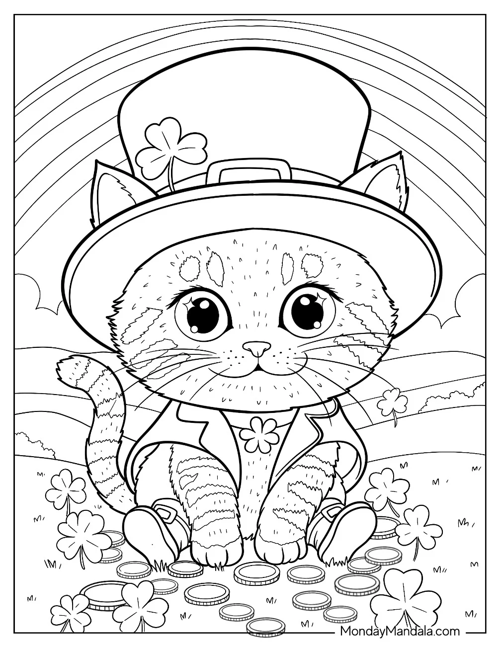 Tabby Cat Leprechaun Coloring Page Sitting With Gold Coins coloring page