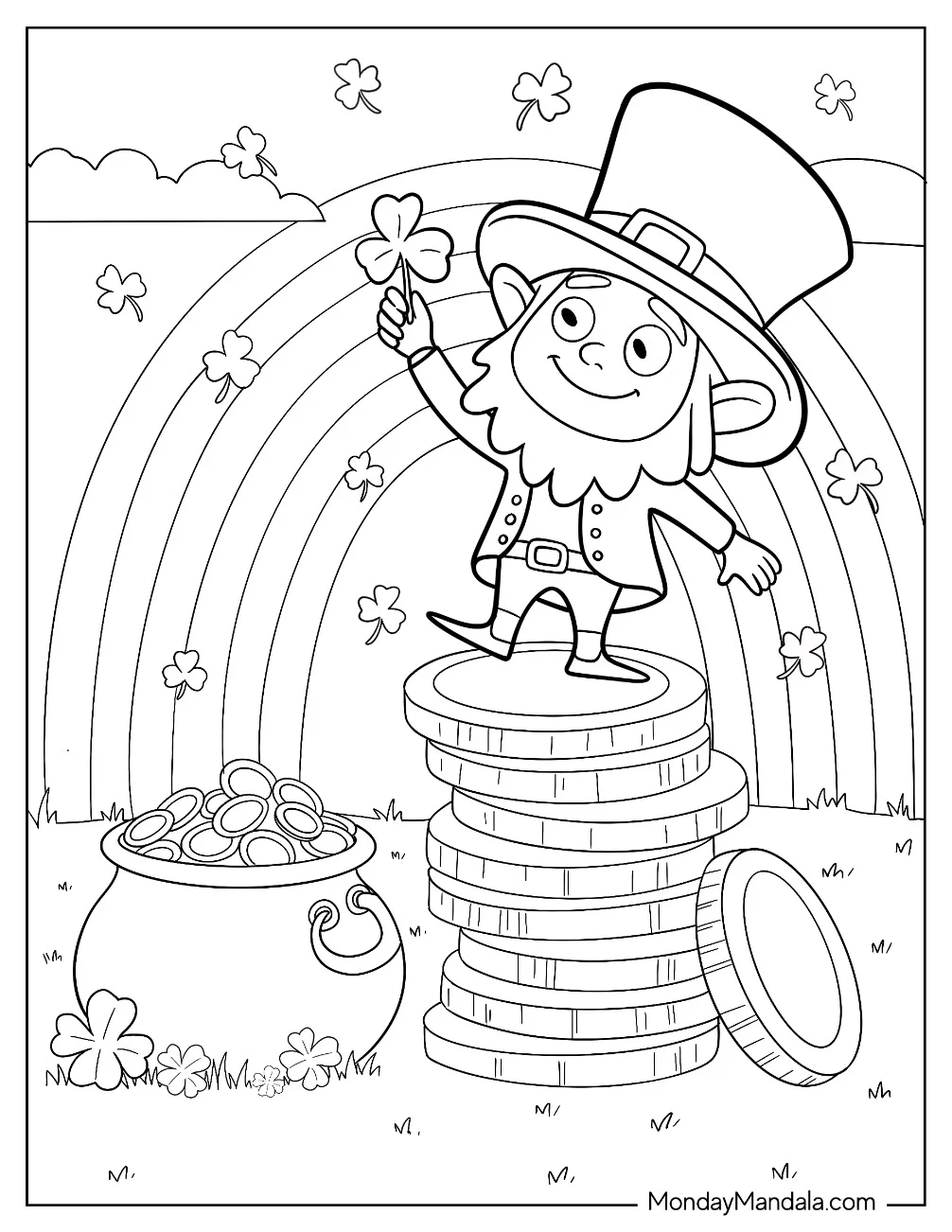 Tiny Leprechaun Coloring Page Standing On Stack of Gold Coins coloring page