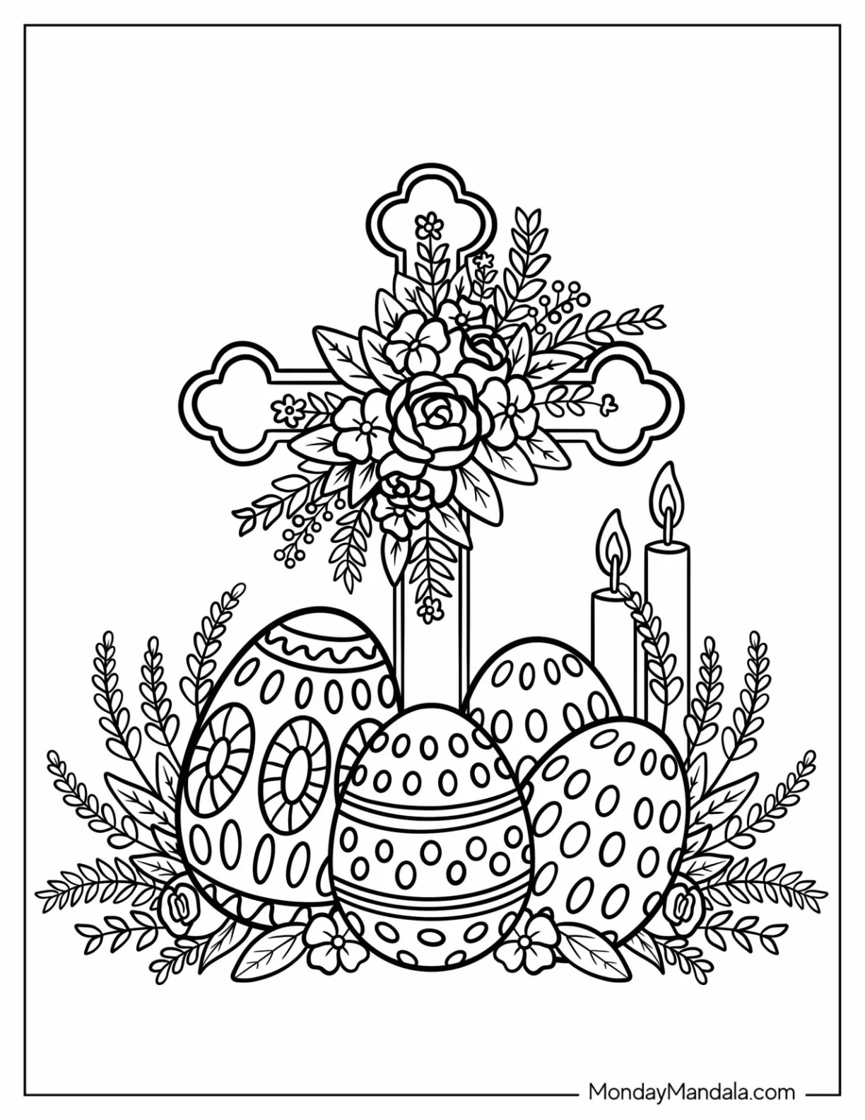 Elegant Easter Eggs with Cross Covered in Flowers coloring page