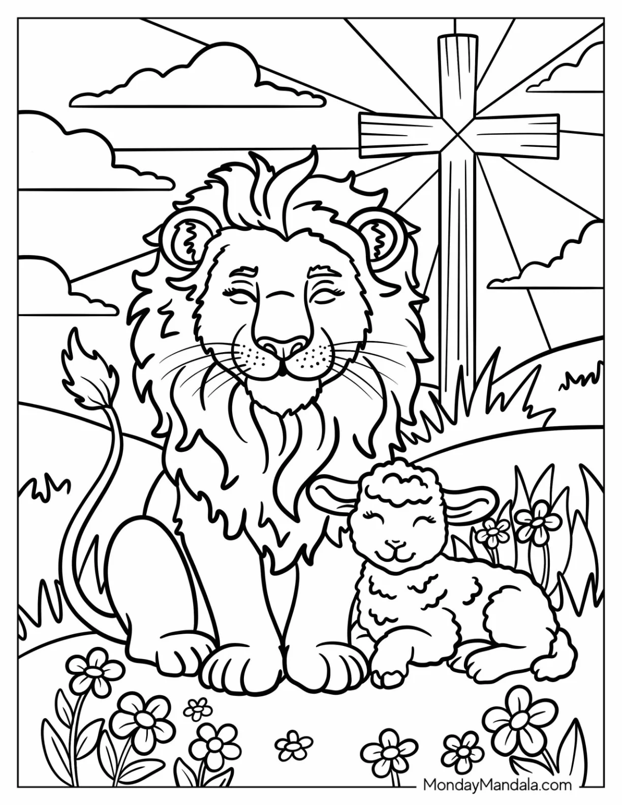 Lion Sitting with a Lamb on Religious Easter Coloring Page for Kids coloring page