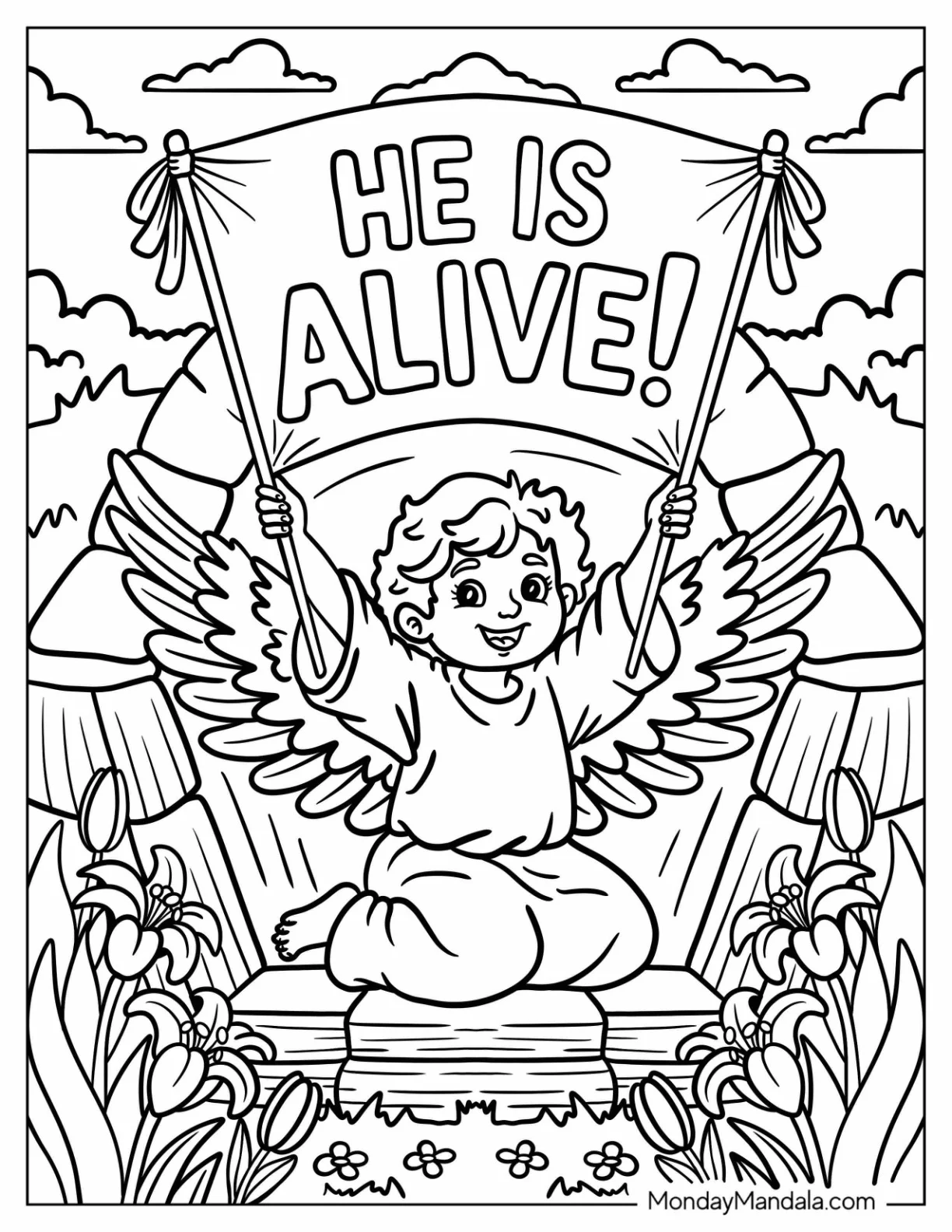 Religious Easter Coloring Page of Angel Holding Up  He Is Alive Banner coloring page — printable line art