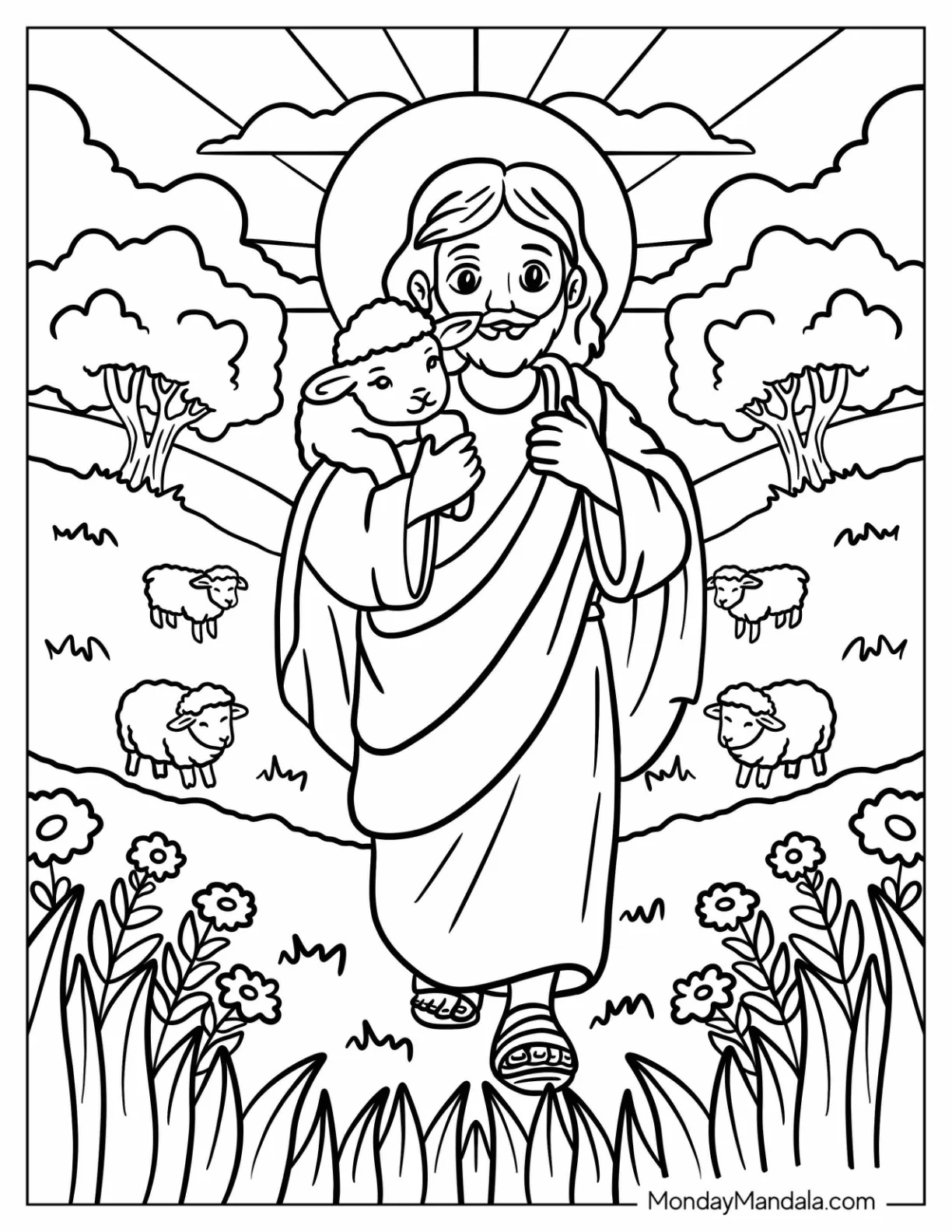 Religious Easter Coloring Page of Cartoon Jesus Carrying Lamb in a Flower Field for Kids coloring page — printable line art