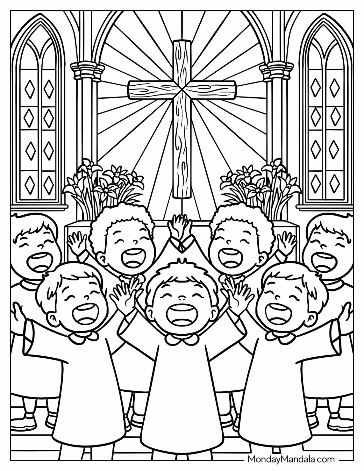 Religious Easter Coloring Page of Children's Choir Singing in Church coloring page — printable line art