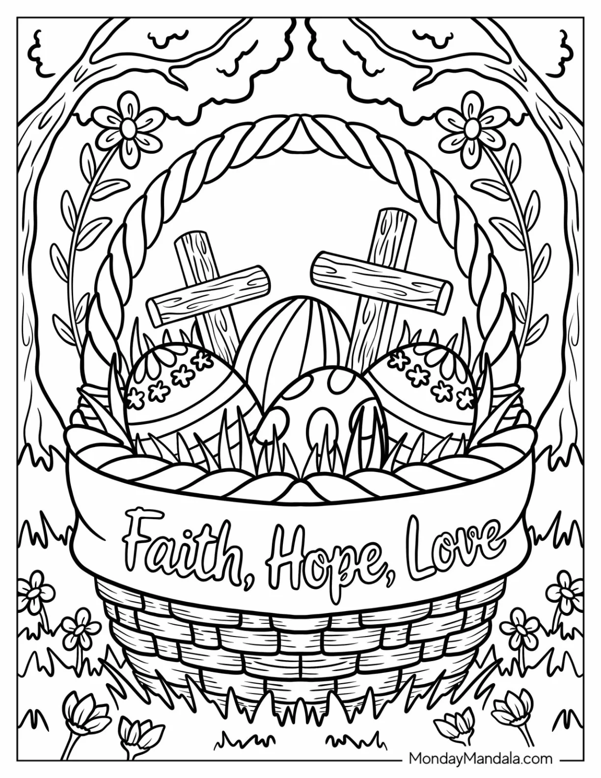 Religious Easter Coloring Page of Faith, Hope, Love Basket with Easter Eggs and Cross coloring page