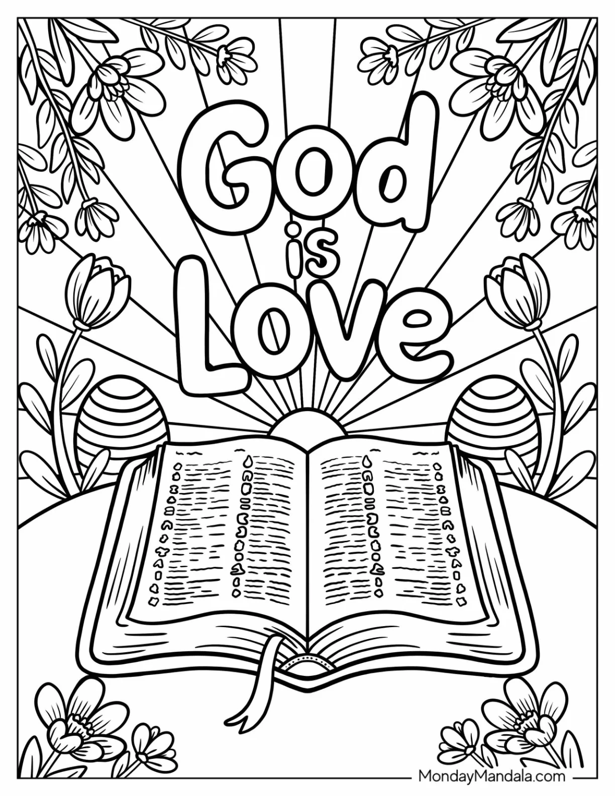 Religious Easter Coloring Page of God is Love Text with Open Bible on Easter coloring page — printable line art