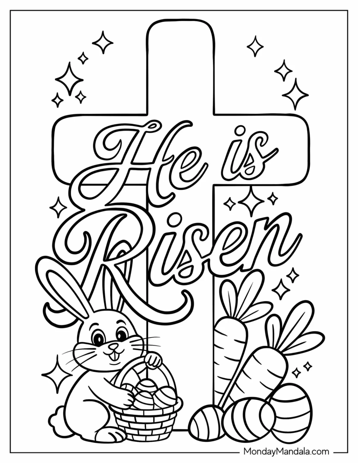 Religious Easter Coloring Page of He is Risen Cross with Easter Bunny and Eggs for Kids coloring page — printable line art