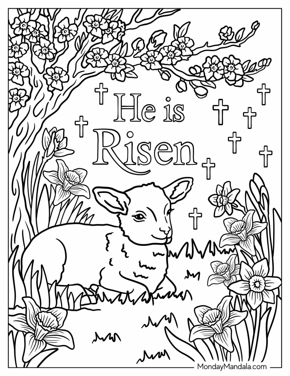Religious Easter Coloring Page of He Is Risen with Baby Lamb on a Cliff coloring page